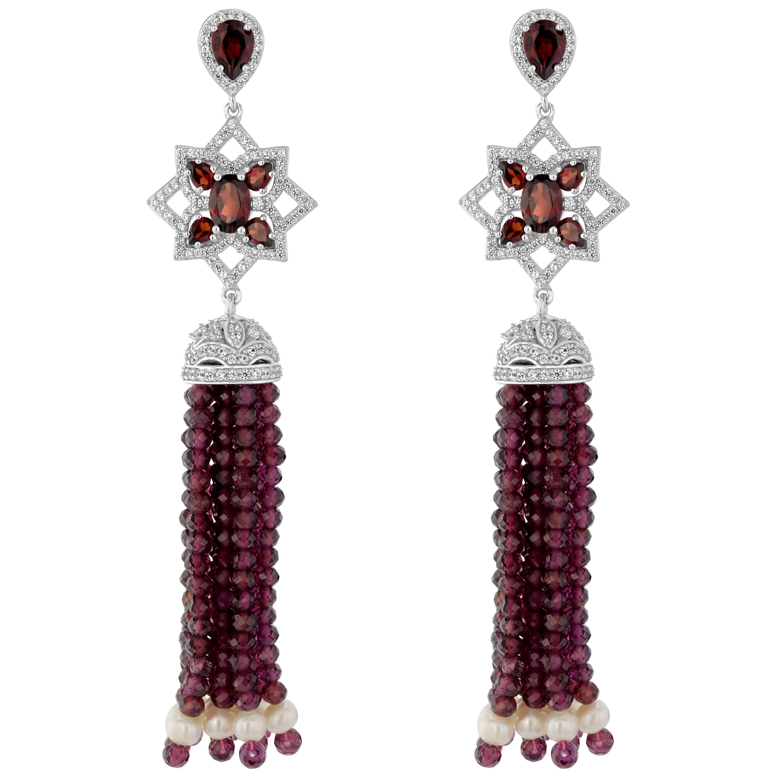 925 Sterling Silver With Garnet Beads And Freshwater Pearl Tassel Earrings