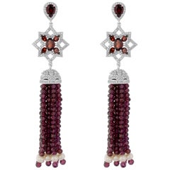 925 Sterling Silver With Garnet Beads And Freshwater Pearl Tassel Earrings