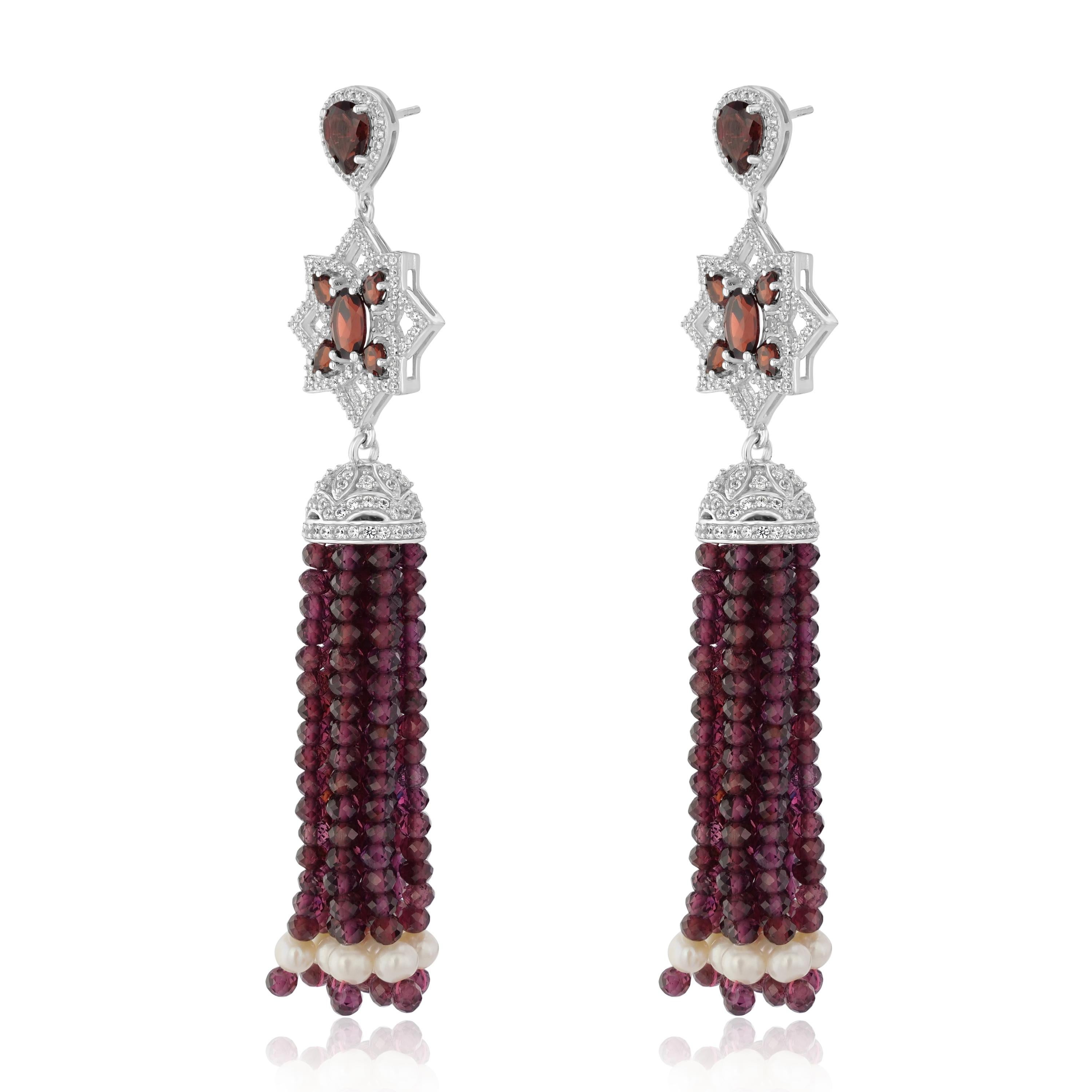 Garnet, White Natural Zircon And Freshwater Pearl Tassel Earring In Sterling Silver. A magnificent fusion of garnet beads and freshwater pearls accompanied by white natural zircon make these women's tassel earrings. Crafted in genuine and nickel