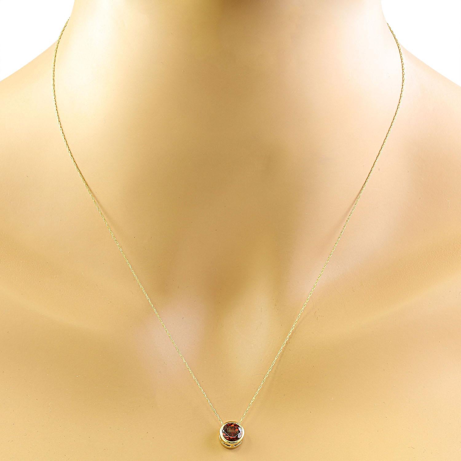 1.50 Carat Garnet 14K Yellow Gold Necklace
Stamped: 14K
Total Necklace Weight: 1.4 Grams
Length: 16 Inches
Garnet Weight: 1.50 Carat (6.50x6.50 Millimeters) 
Face Measures: 8.20x8.20 Millimeters 
SKU: [600196]