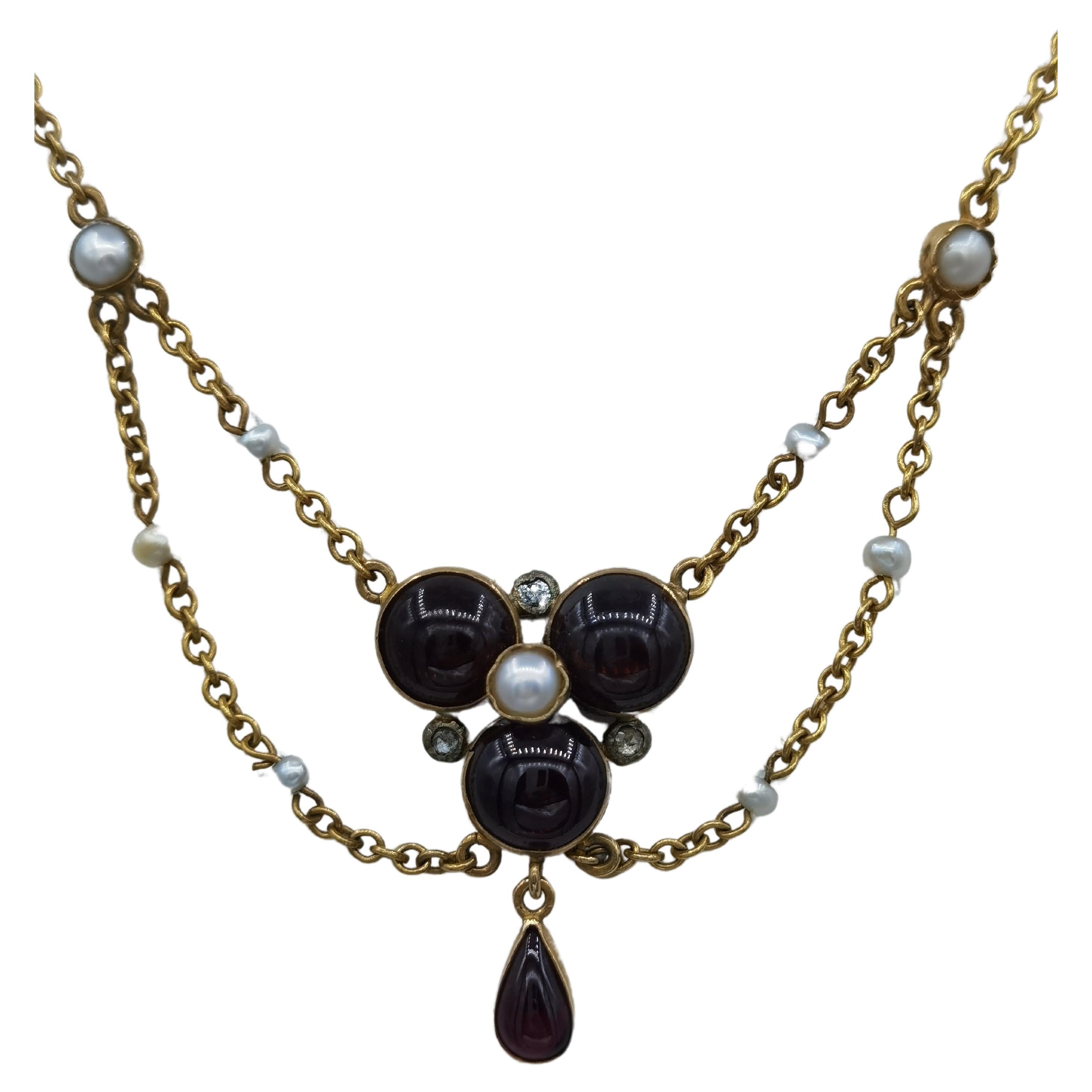 Garnet necklace Pearls England ca. 1900 For Sale