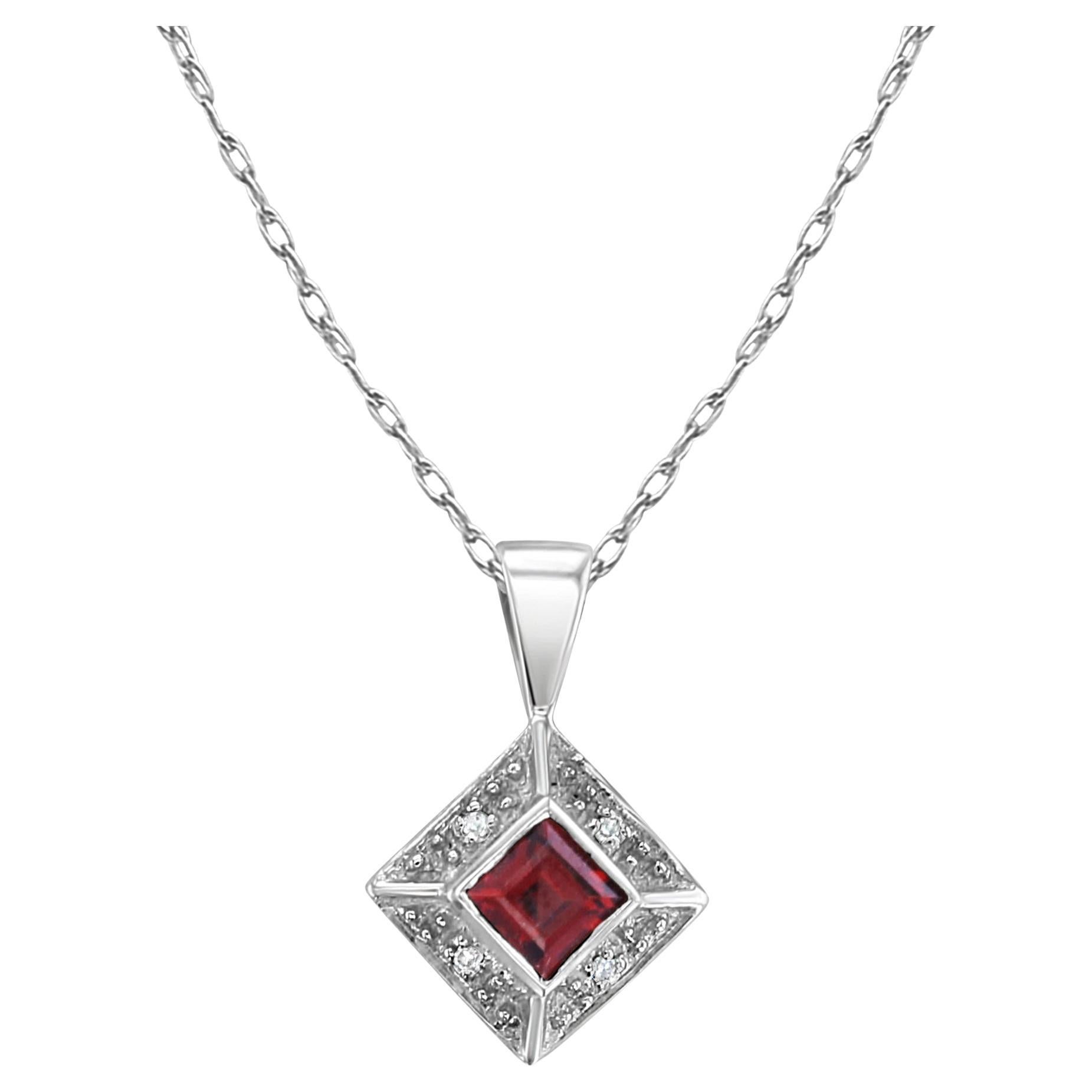 Garnet Necklace with Diamond Accents on Bead Setting 14k White Gold