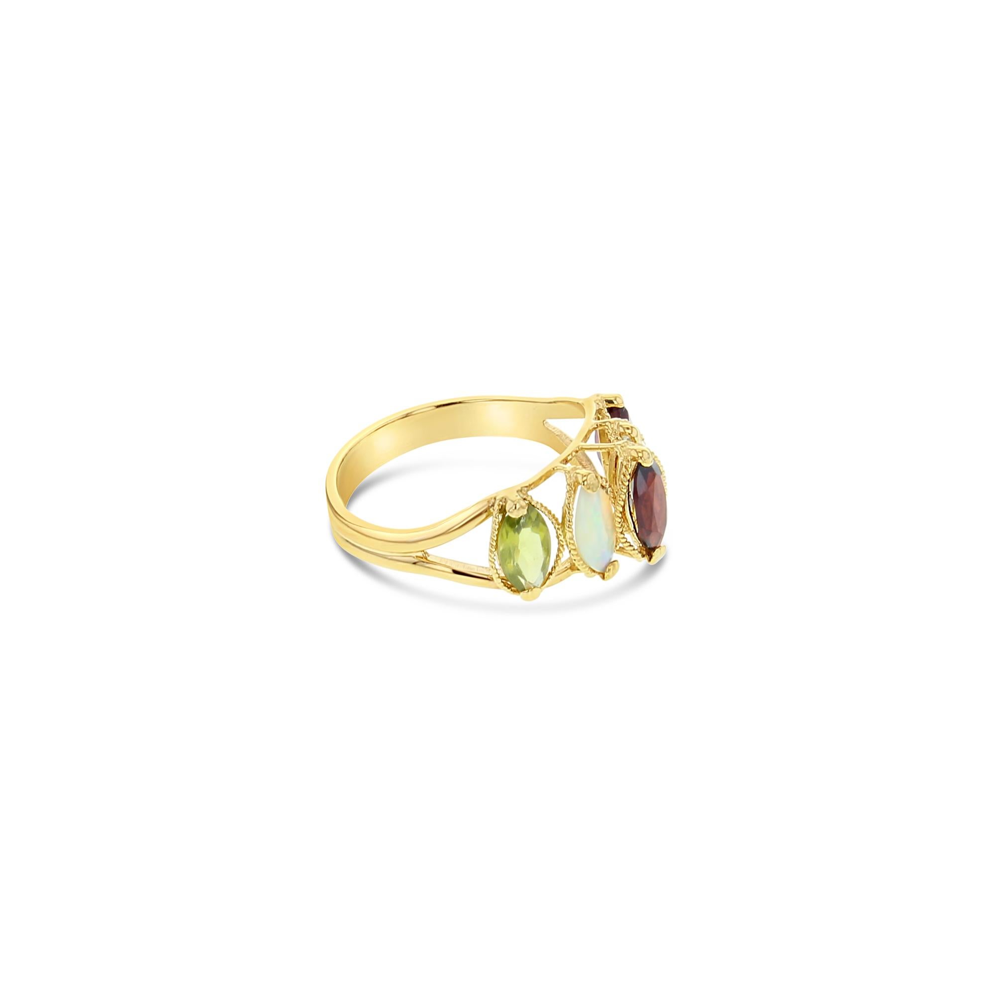 ♥ Produktübersicht ♥

Hauptstein: Granat, Opal, Peridot, kubischer Zirkon
Ungefähr. Karatgewicht: 5,00cttw
Stein-Schliff: Marquise
Gewicht: 5 Gramm
Abmessungen: 10mm
Band MATERIAL: 14k Gelbgold