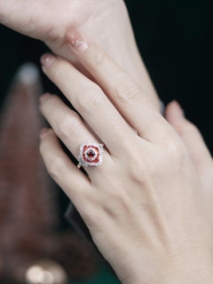 Garnet Orange Sapphire Diamond Art Deco Style Engagement Ring in 14K White Gold