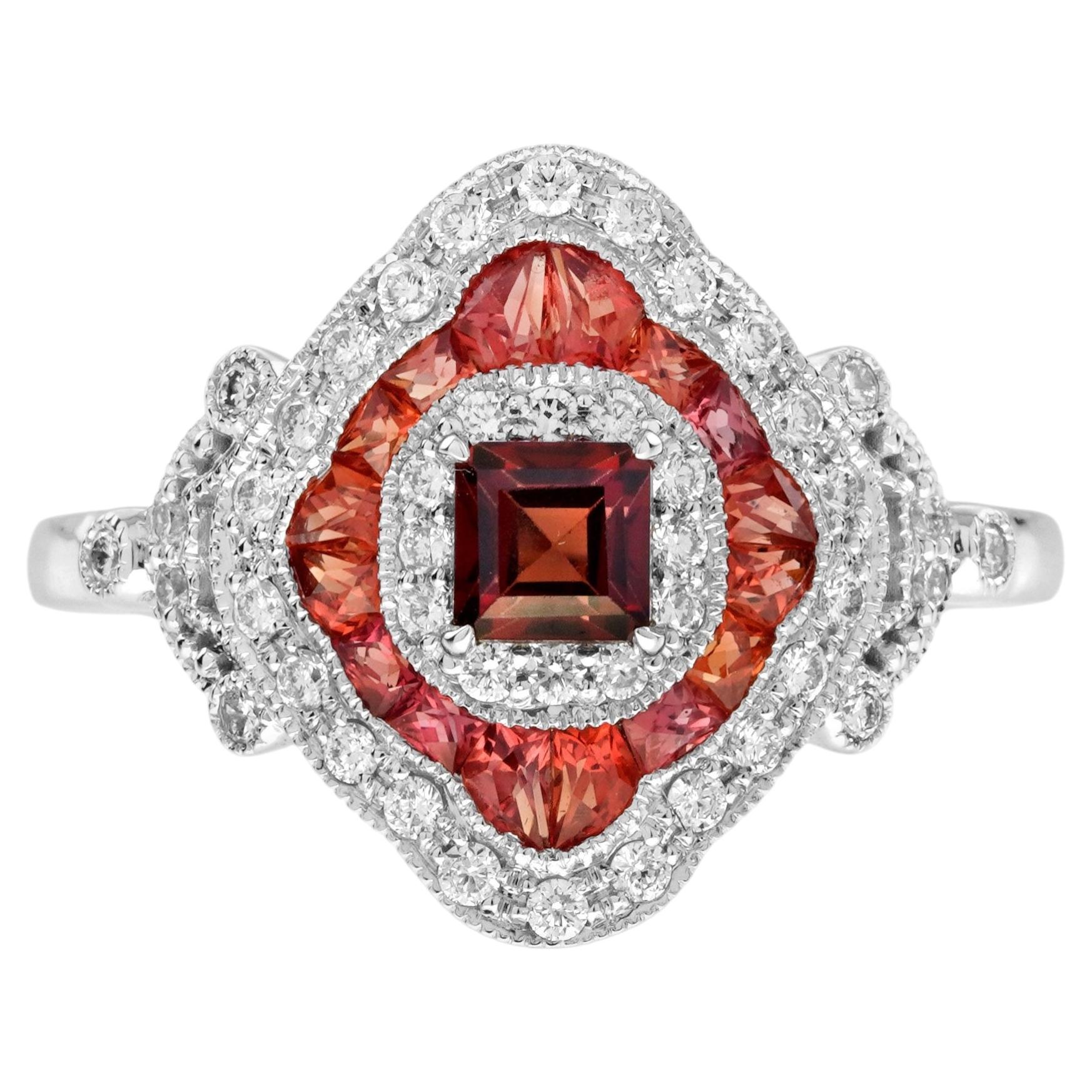 Garnet Orange Sapphire Diamond Art Deco Style Engagement Ring in 14K White Gold