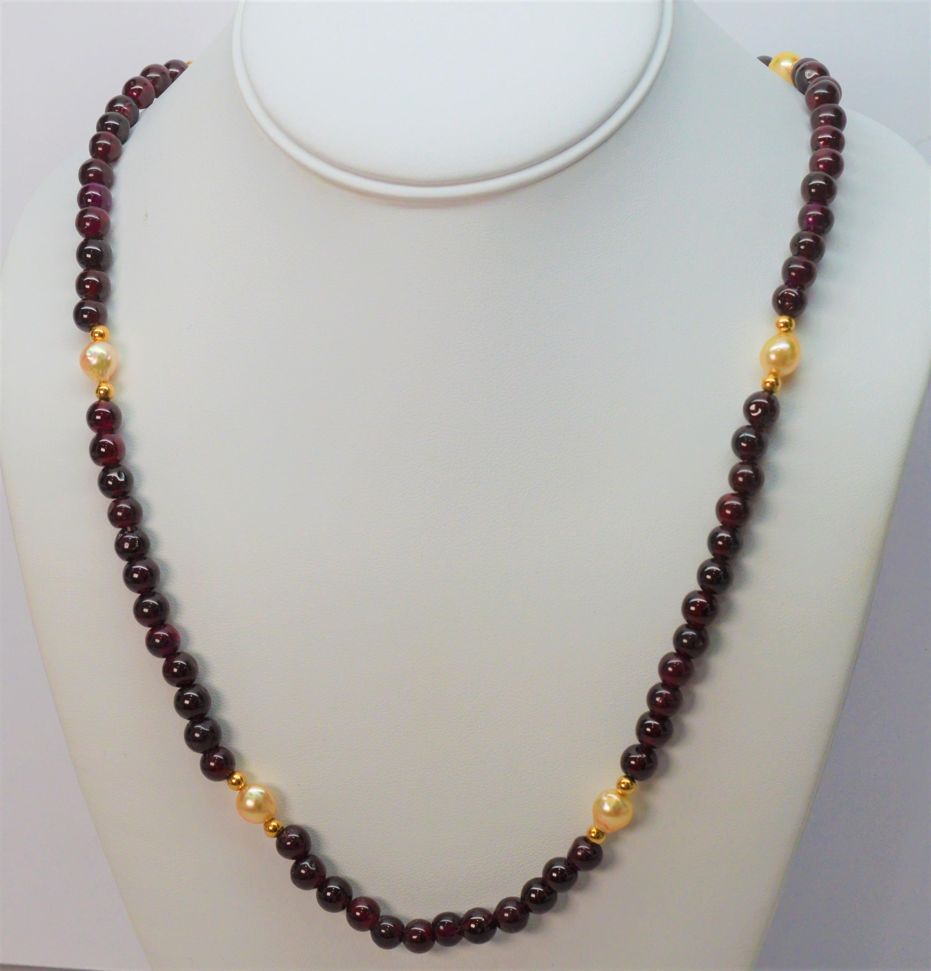 Garnet and Pearl 14 Karat Gold Bead Necklace In Excellent Condition In Mount Kisco, NY