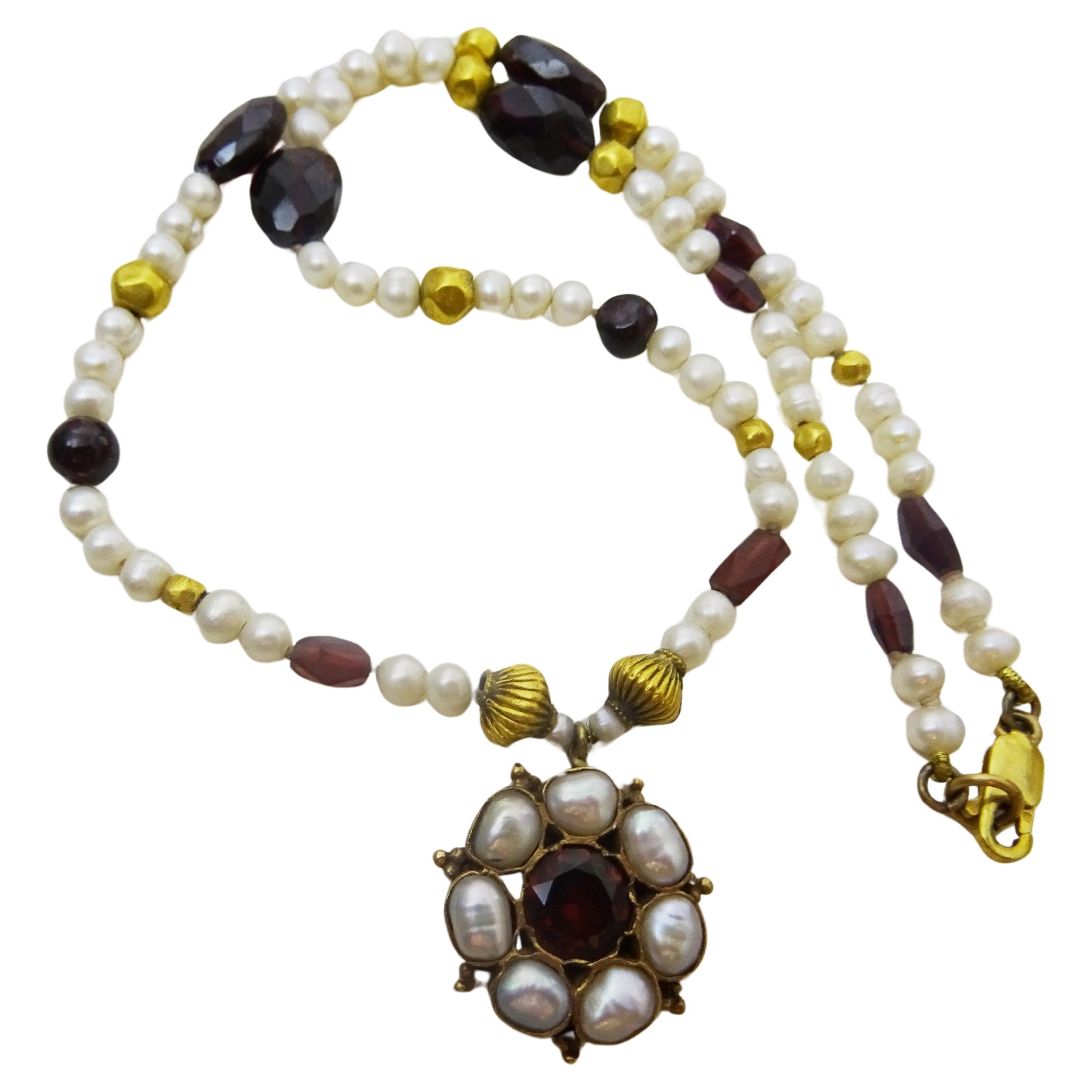 Garnet, Pearl Gold Wax Beads and handmade Garnet and Pearl center piece Necklace For Sale
