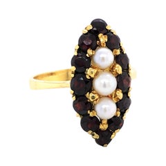 Vintage Garnet Pearl Marquise Cluster Yellow Gold Ring