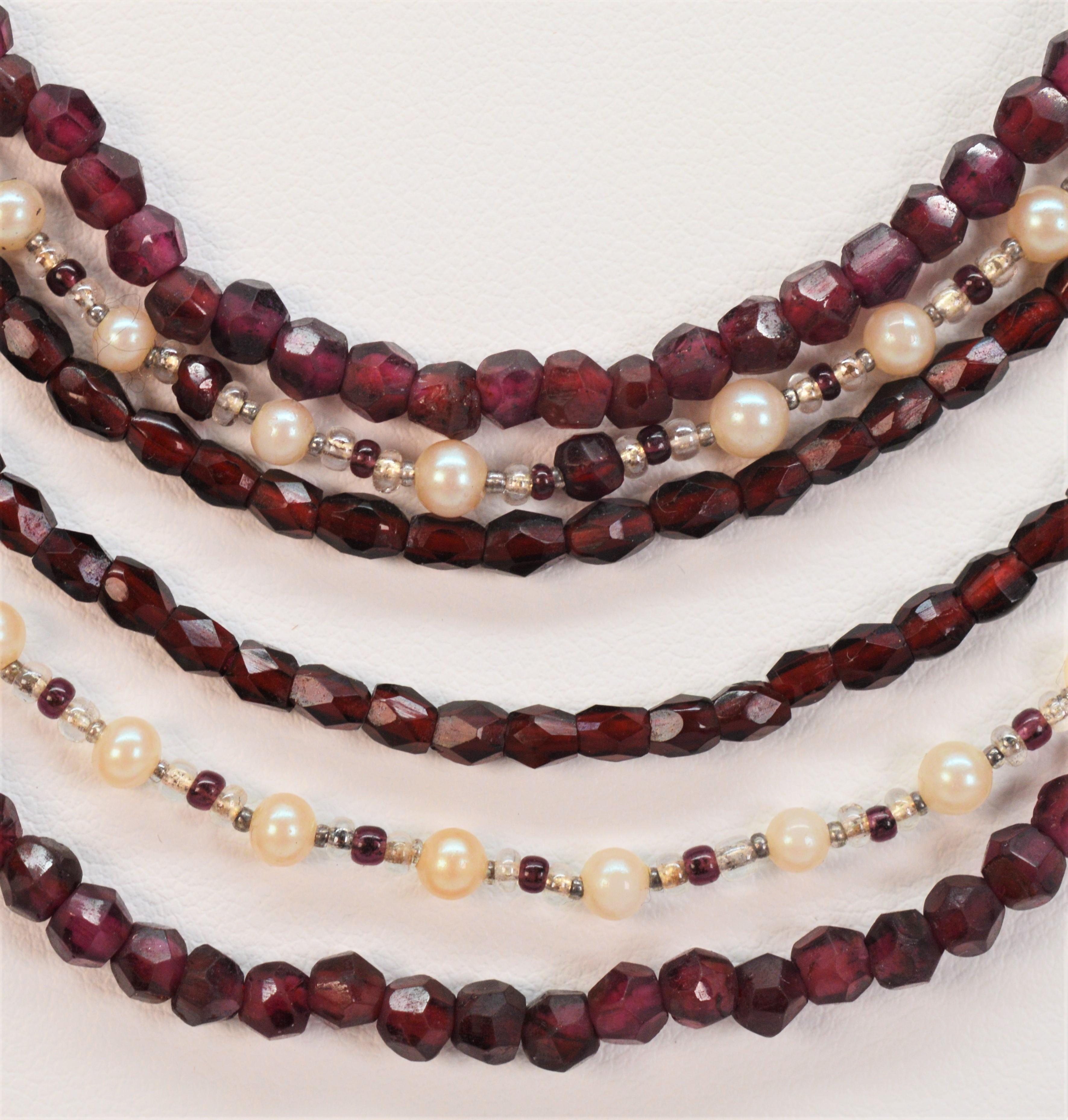 Mixed Cut Garnet Pearl Multi Strand Necklace with Fancy Antique Jeweled Yellow Gold Clasp