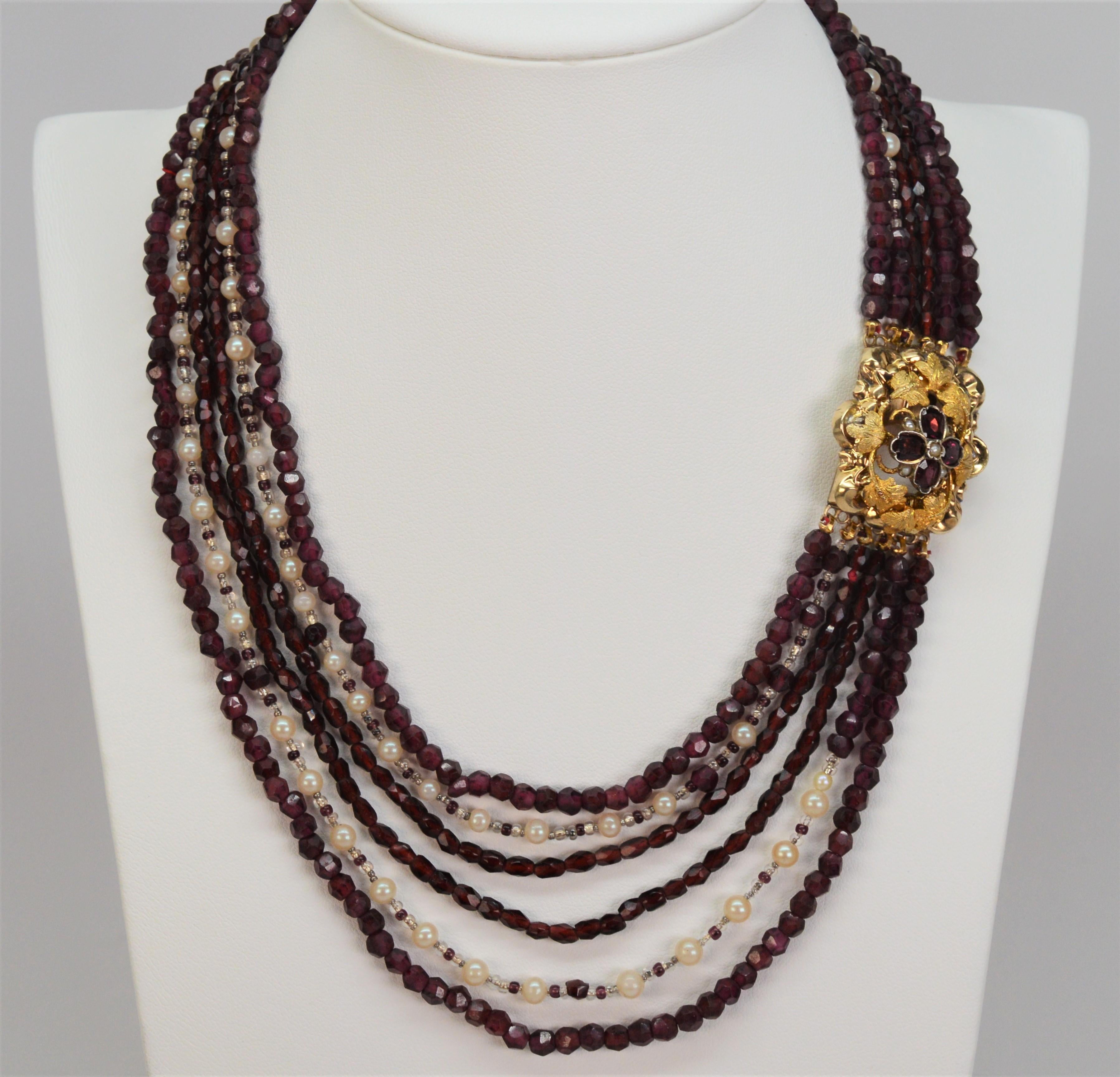 Garnet Pearl Multi Strand Necklace with Fancy Antique Jeweled Yellow Gold Clasp In Excellent Condition In Mount Kisco, NY