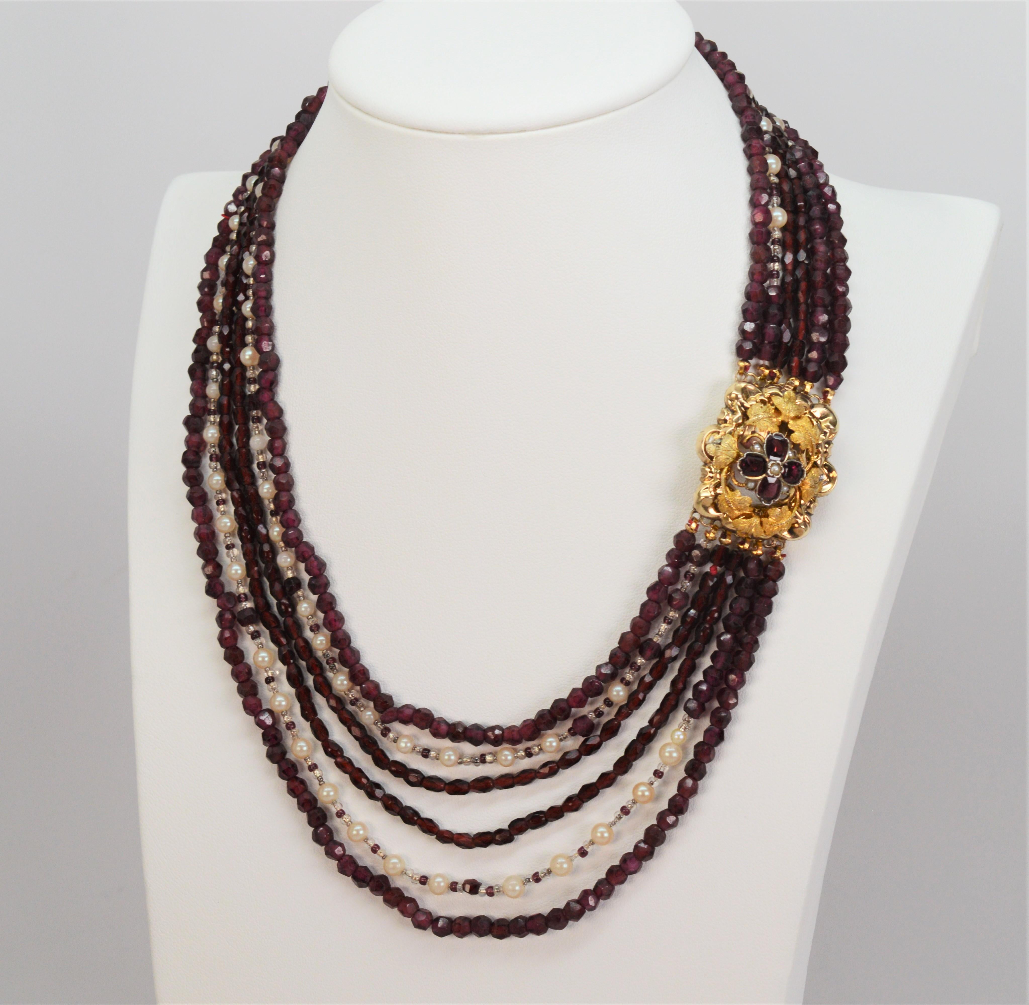 Women's Garnet Pearl Multi Strand Necklace with Fancy Antique Jeweled Yellow Gold Clasp