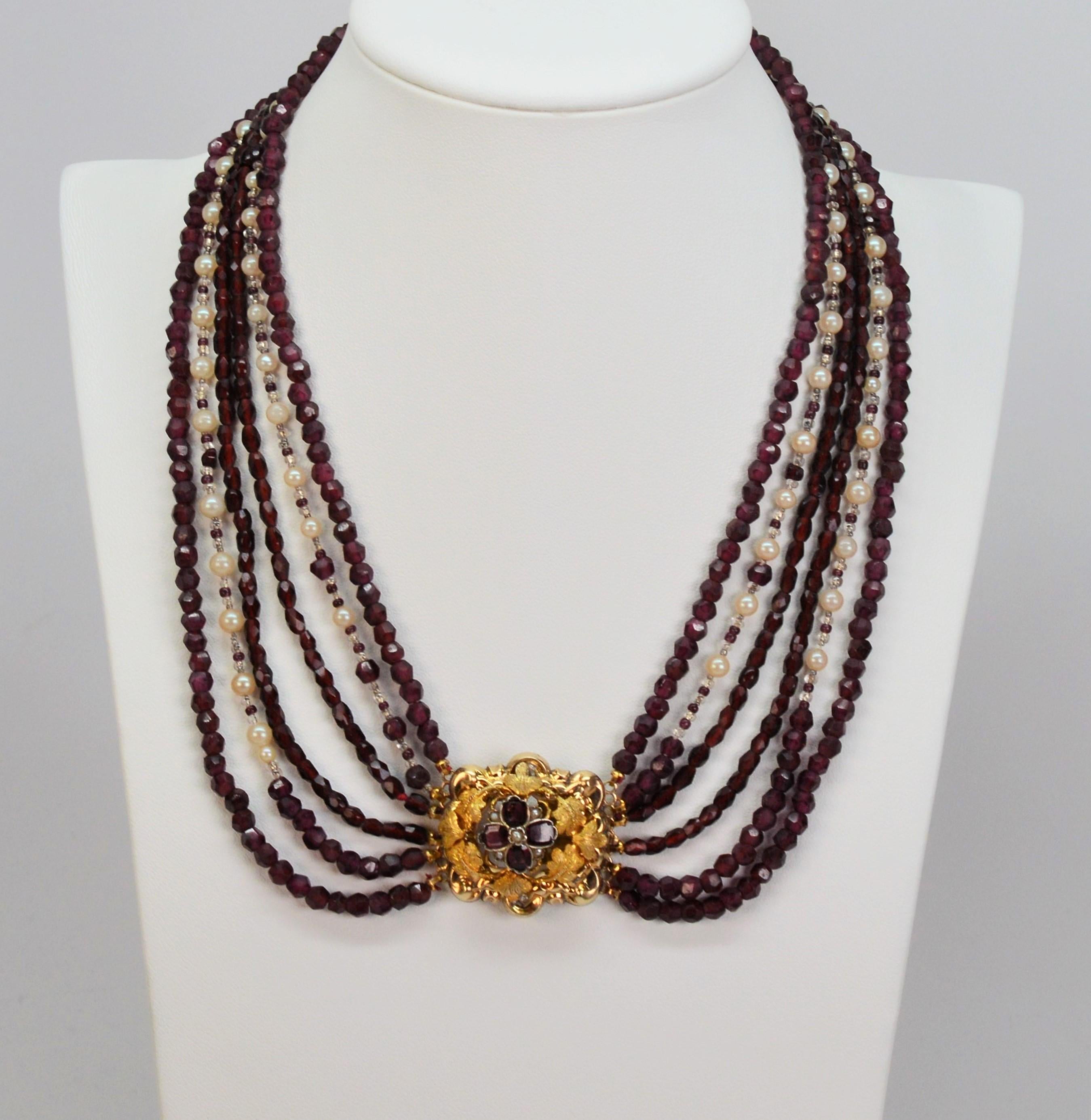 Garnet Pearl Multi Strand Necklace with Fancy Antique Jeweled Yellow Gold Clasp 2