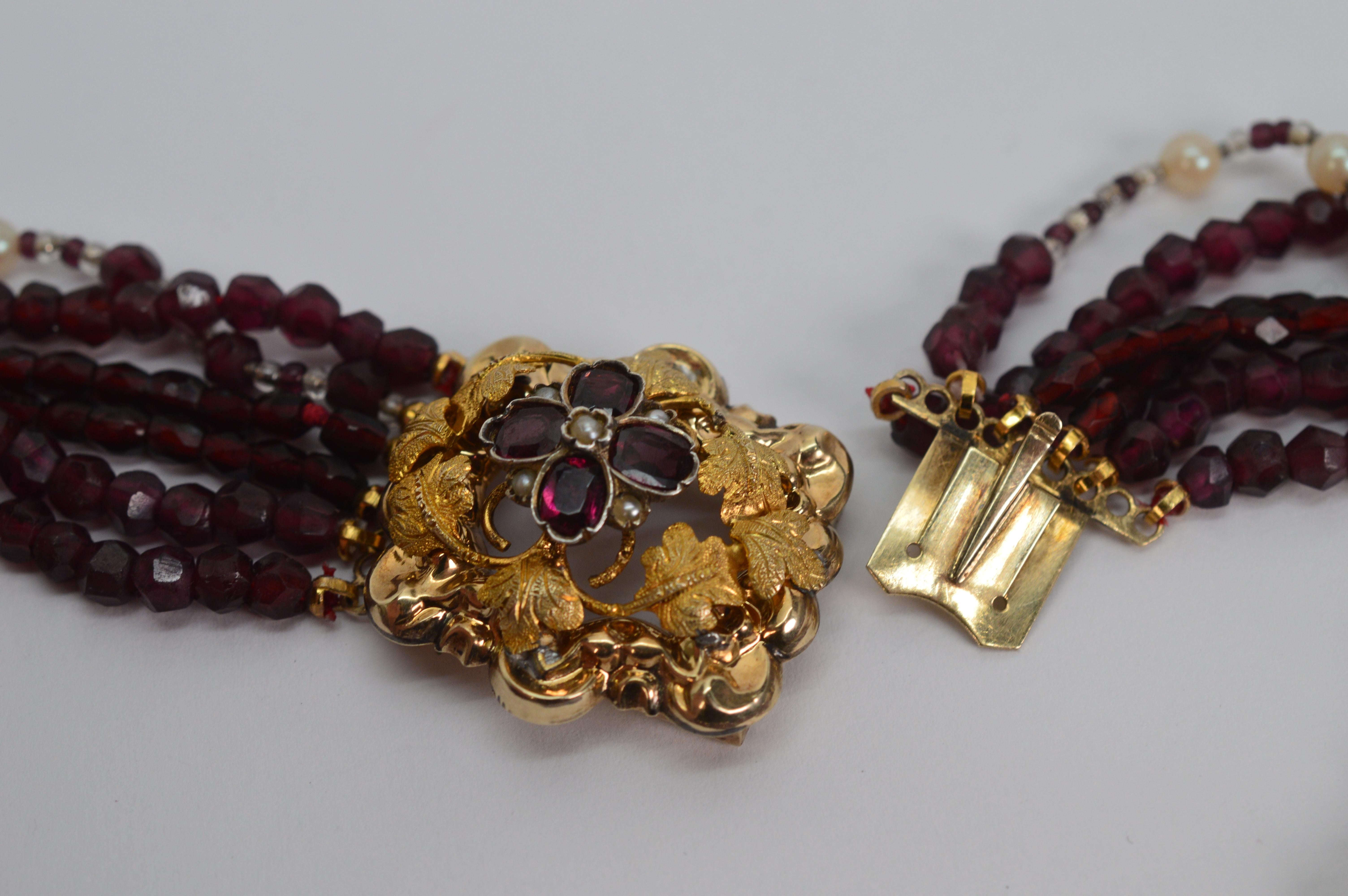 Garnet Pearl Multi Strand Necklace with Fancy Antique Jeweled Yellow Gold Clasp 3