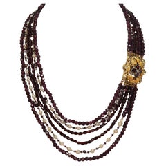Garnet Pearl Multi Strand Necklace with Fancy Antique Jeweled Yellow Gold Clasp