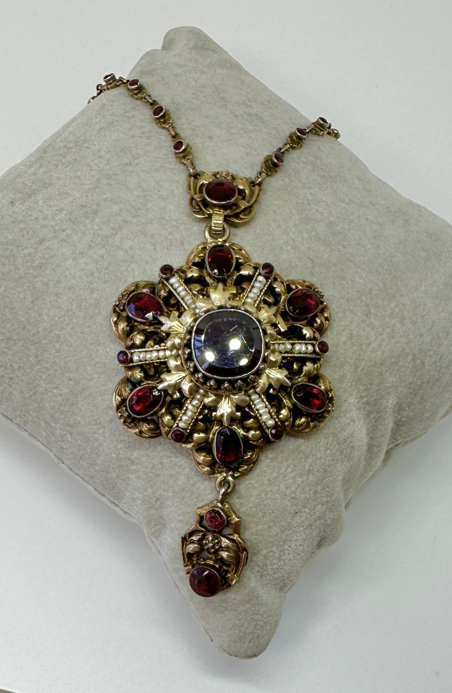 Oval Cut Garnet Pearl Necklace Austro-Hungarian Renaissance Revival Antique Flower Motif For Sale