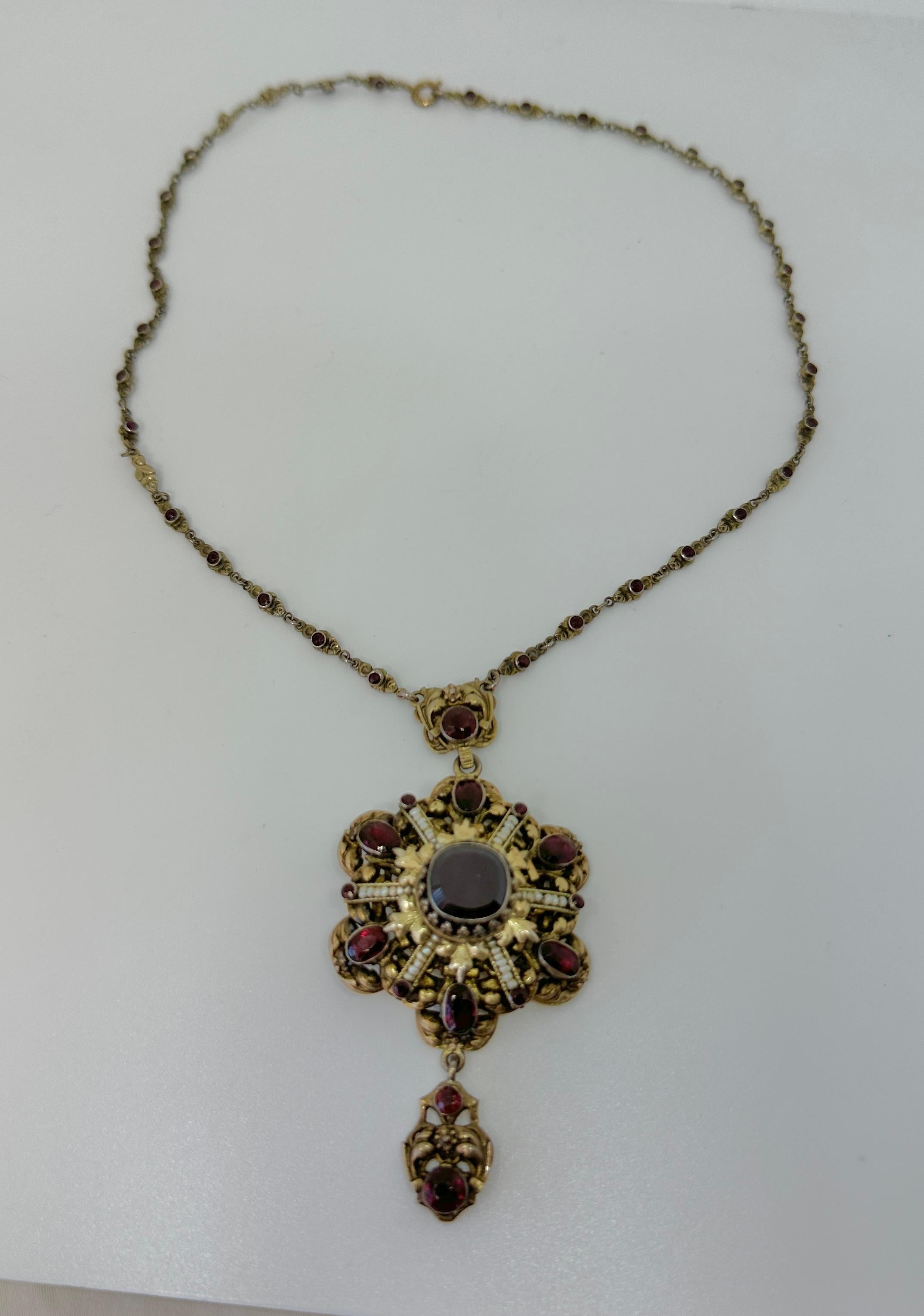 Women's or Men's Garnet Pearl Necklace Austro-Hungarian Renaissance Revival Antique Flower Motif For Sale