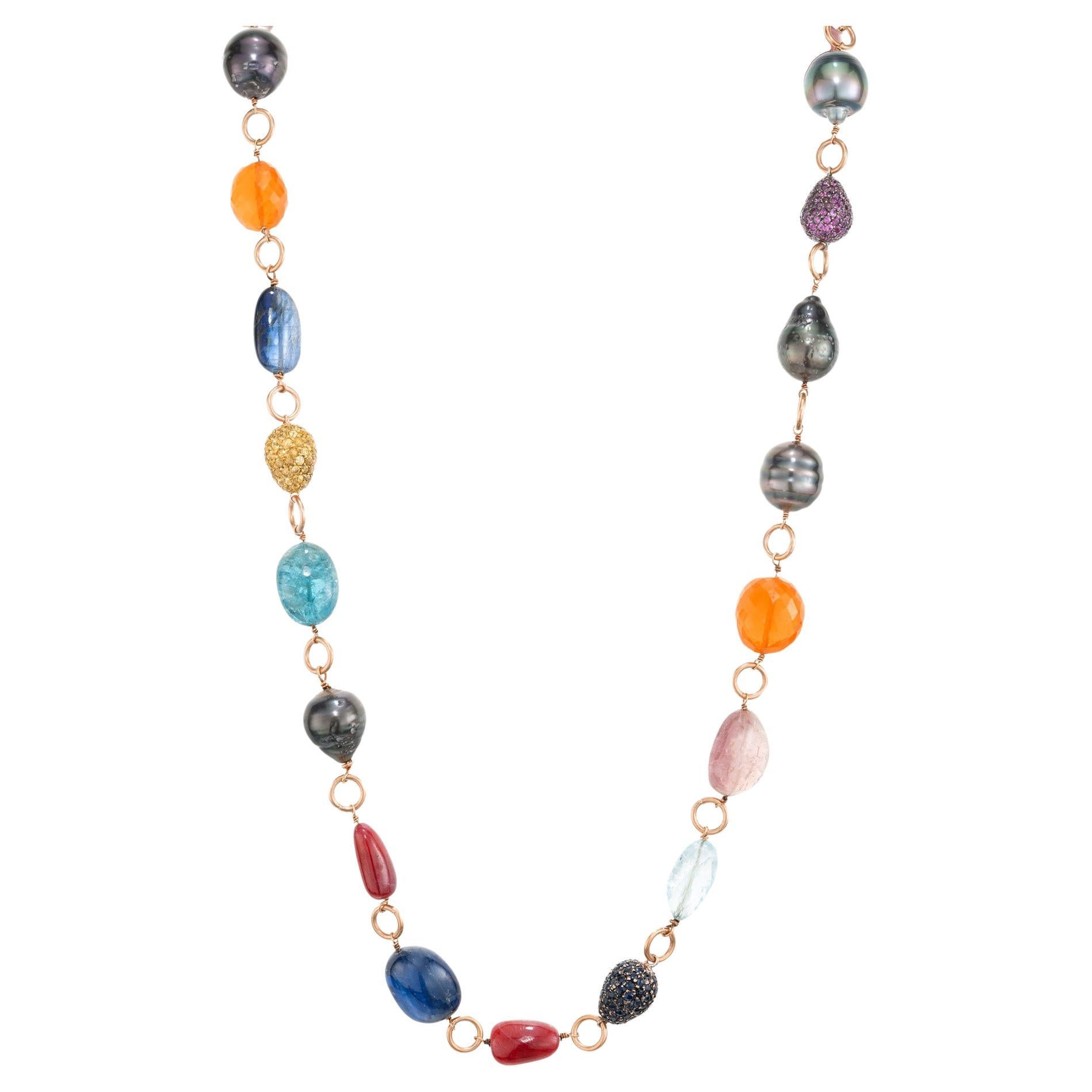 Garnet Pearl Sapphire Ruby Aqua Opal Tourmaline Gold Bead Necklace For Sale