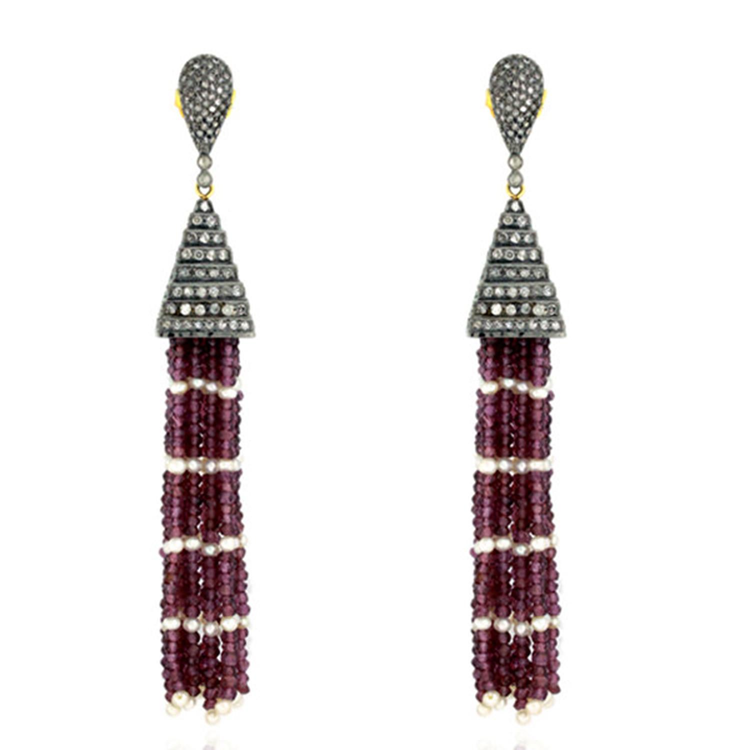 Garnet & Pearl Tassel Earrings With Diamonds In 18k Yellow Gold & Silver In New Condition For Sale In New York, NY