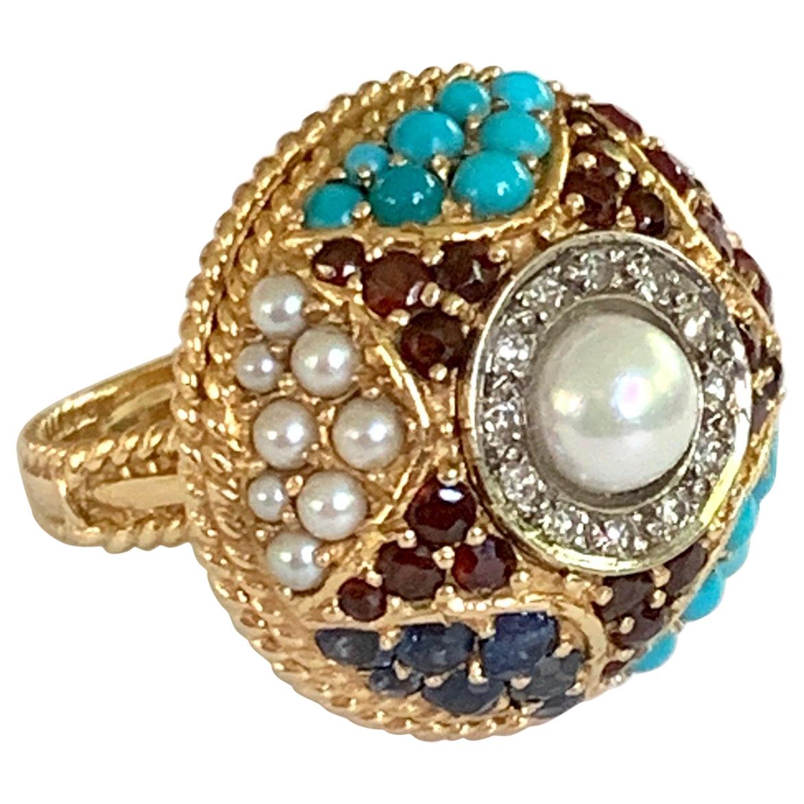 Garnet, Pearl, Turquoise, Sapphire, Ruby &Diamond 14K Yellow Gold Ring -Sz 5 1/2
