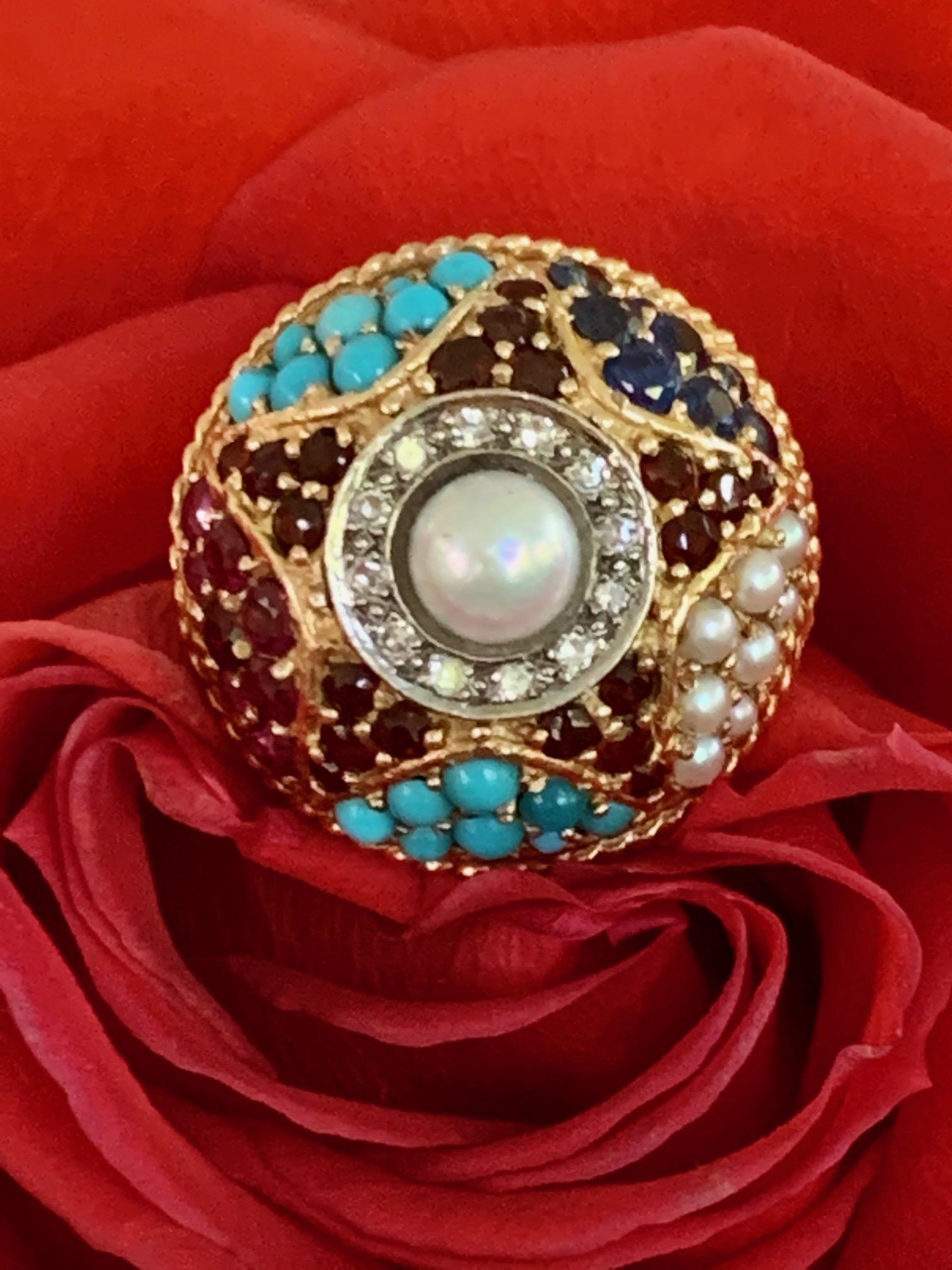 Round Cut Garnet, Pearl, Turquoise, Sapphire, Ruby &Diamond 14K Yellow Gold Ring -Sz 5 1/2
