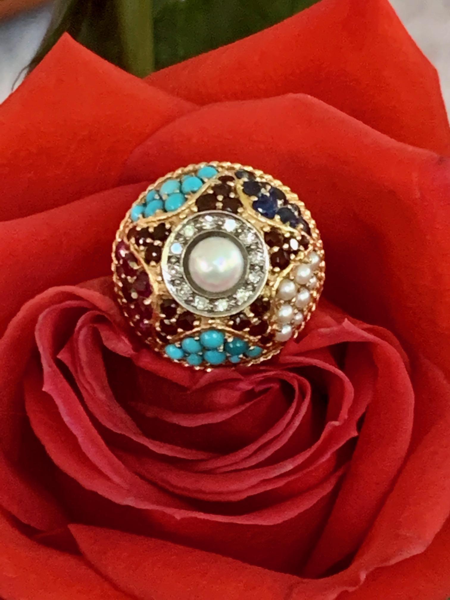 Garnet, Pearl, Turquoise, Sapphire, Ruby &Diamond 14K Yellow Gold Ring -Sz 5 1/2 In Excellent Condition In St. Louis Park, MN