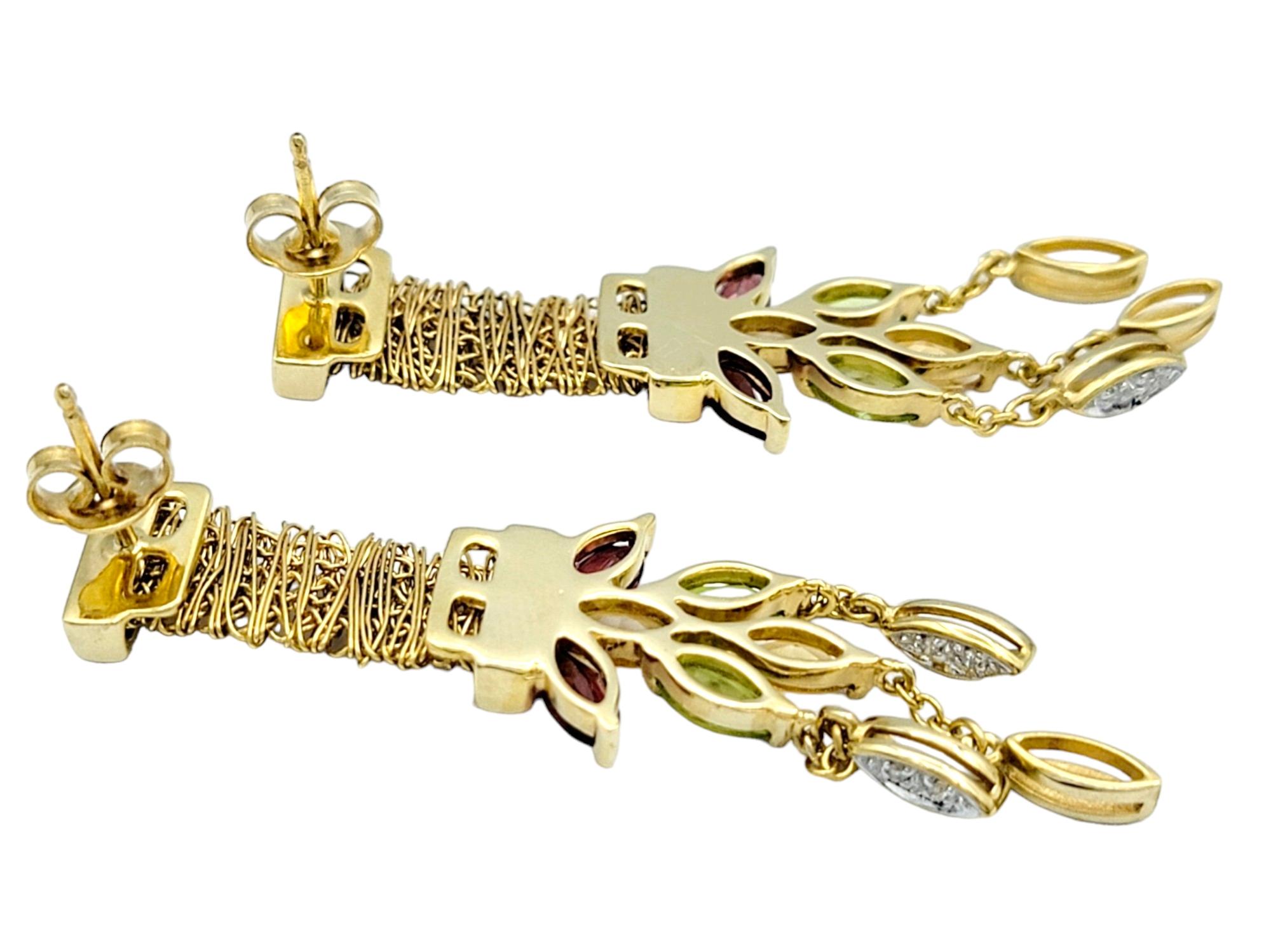 Contemporary Garnet, Peridot, Citrine and Diamond Drop/Dangle Earrings, 14 Karat Yellow Gold For Sale