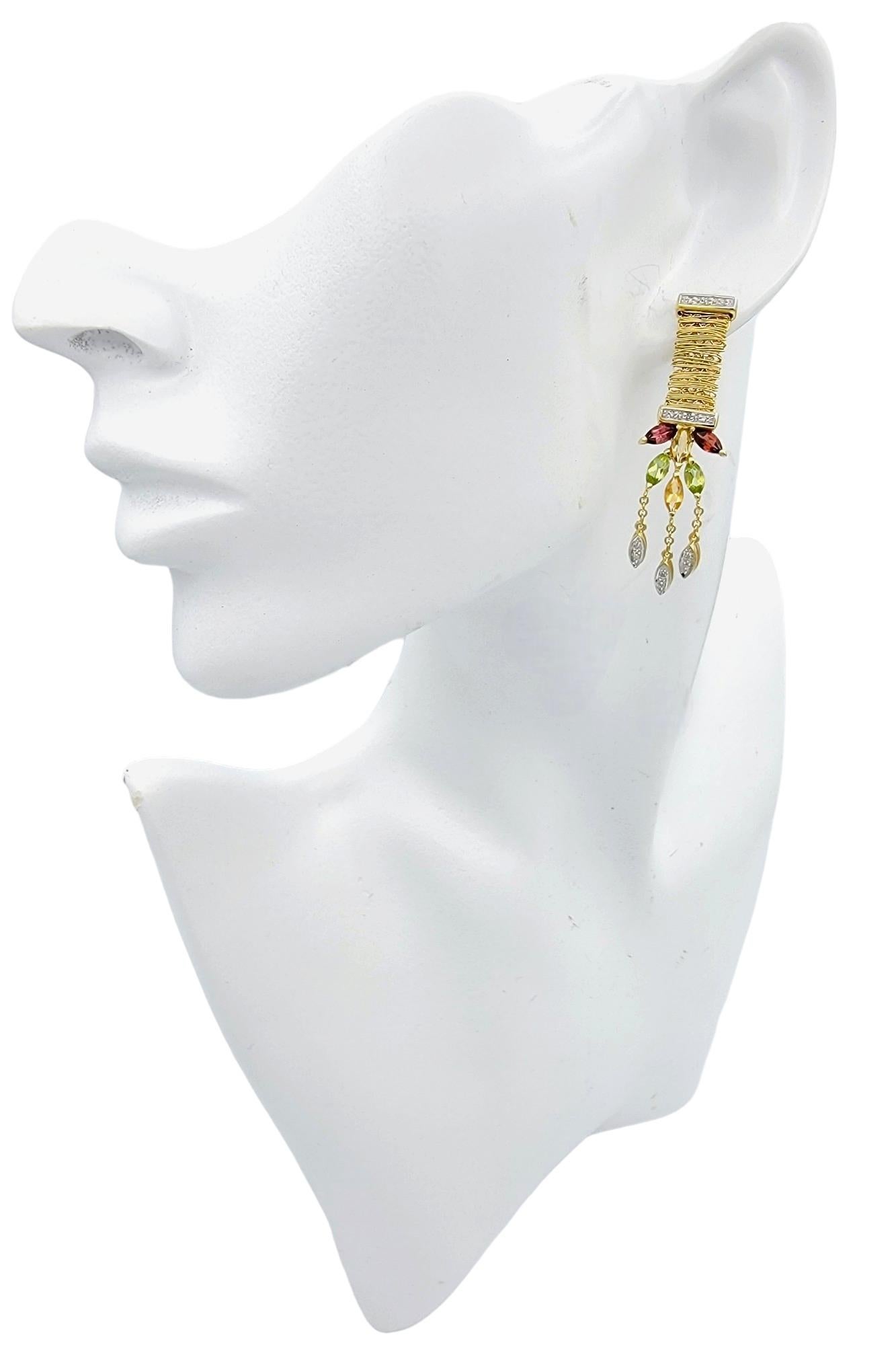 Garnet, Peridot, Citrine and Diamond Drop/Dangle Earrings, 14 Karat Yellow Gold For Sale 2