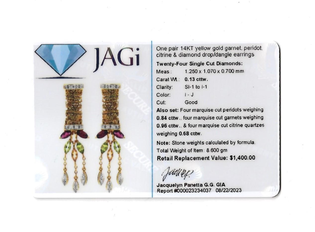 Garnet, Peridot, Citrine and Diamond Drop/Dangle Earrings, 14 Karat Yellow Gold For Sale 3