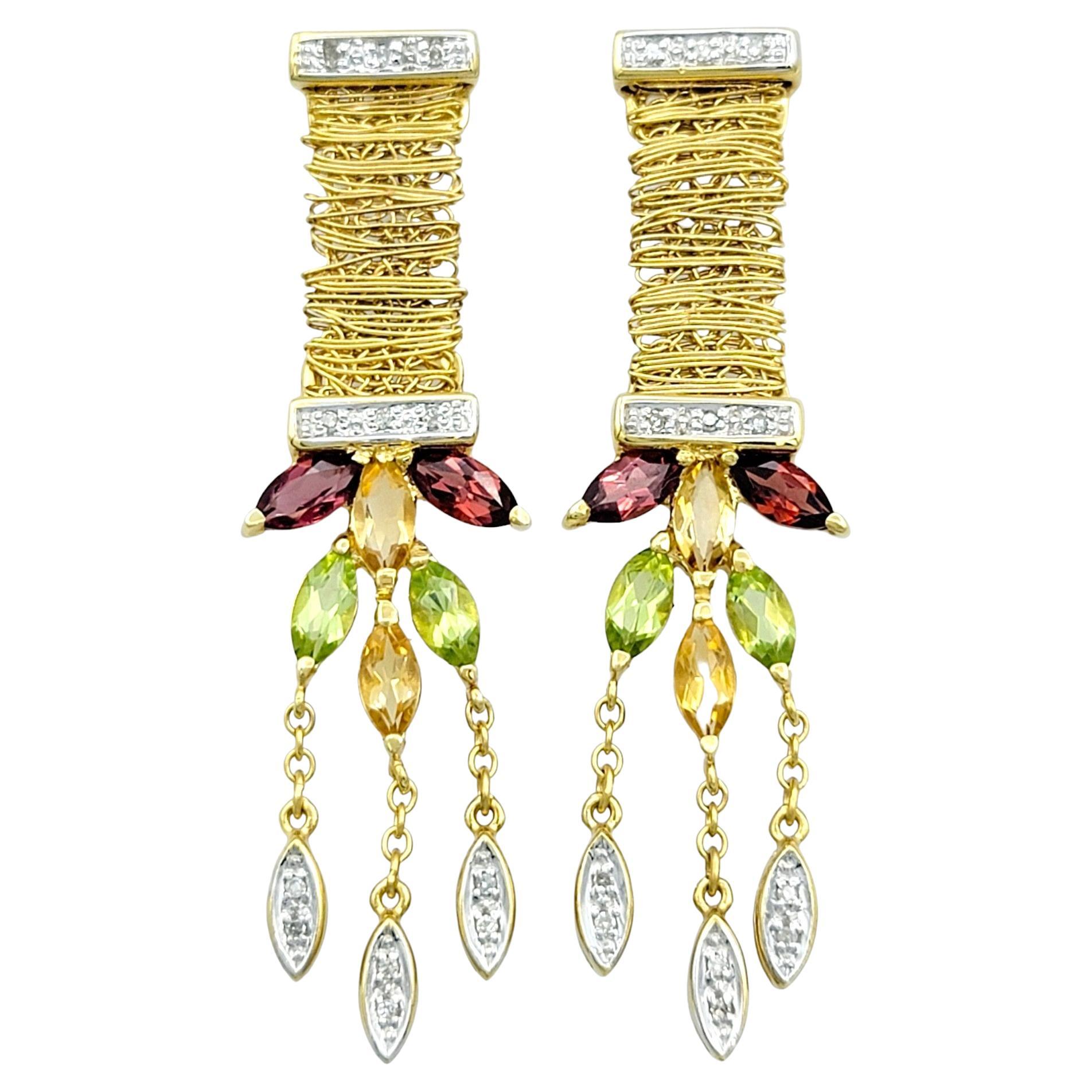 Garnet, Peridot, Citrine and Diamond Drop/Dangle Earrings, 14 Karat Yellow Gold For Sale