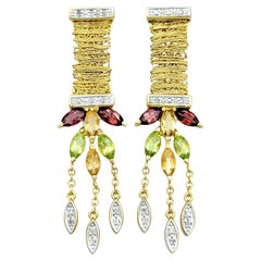 Garnet, Peridot, Citrine and Diamond Drop/Dangle Earrings, 14 Karat Yellow Gold