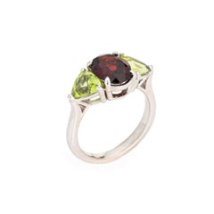 Garnet Peridot Ring Three Stone Estate 18k White Gold Sz 5 Fine Jewelry