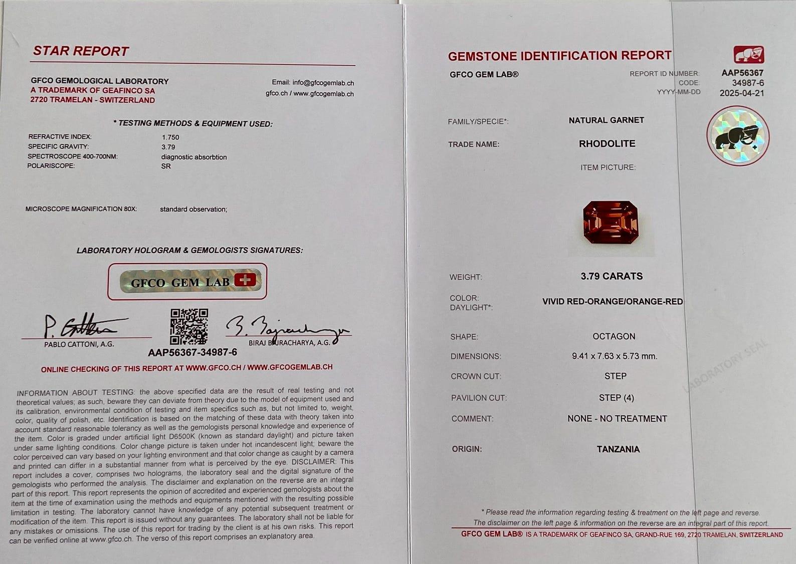 Garnet rhodolite, pierre précieuse naturelle non sertie de 3,79 carats, octogonale, Tanzanie, certificat Neuf - En vente à Daugavpils, LV