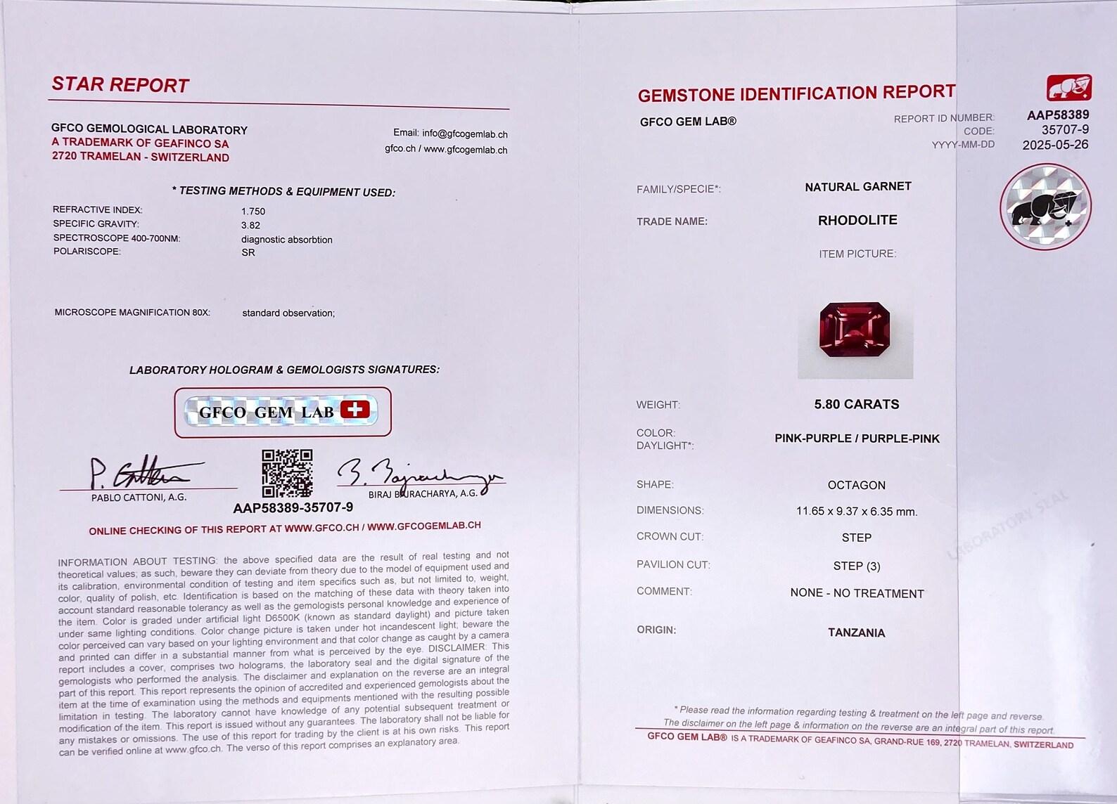 Garnet Rhodolite Loose 5.80 Ct., natural gemstone, Octagon cut, Origin Tanzania Corte octogonal en venta