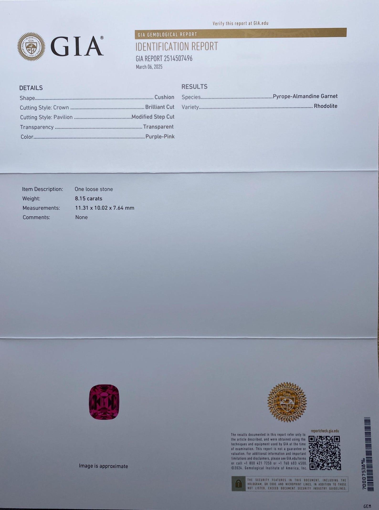 Cushion Cut Garnet Rhodolite Losse 8.15Ct natural gemstone, Cushion cut, Tanzania, GIA For Sale