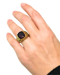Garnet Ring Engraved 18k Gold Men Ring Cushion Cut