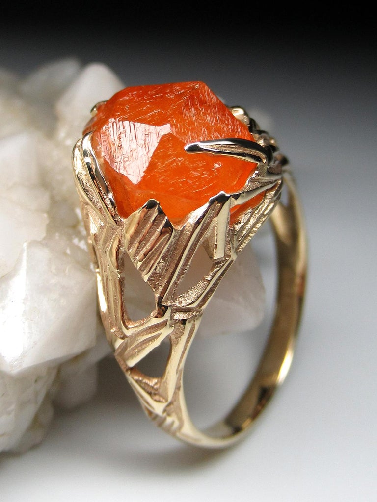 Ring Gold Raw Crystal 14K Mens Unisex Ring Spessartine Christmas