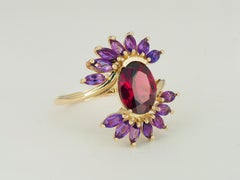 Garnet, amethyst Ring in 14 K Gold