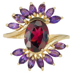 Garnet Ring in 14 K Gold, Amethyst Gold Ring, Garnet and Amethyst Gold Ring