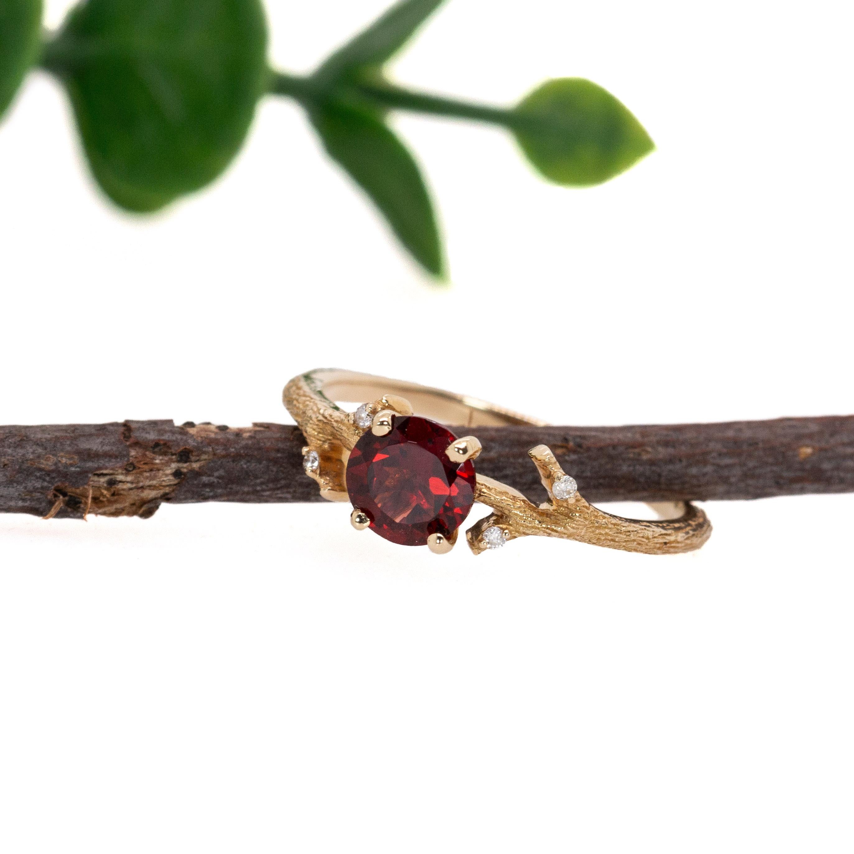 Garnet Ring w Earth Mined Diamonds in Solid 14K Yellow Gold Round 6mm For Sale 4