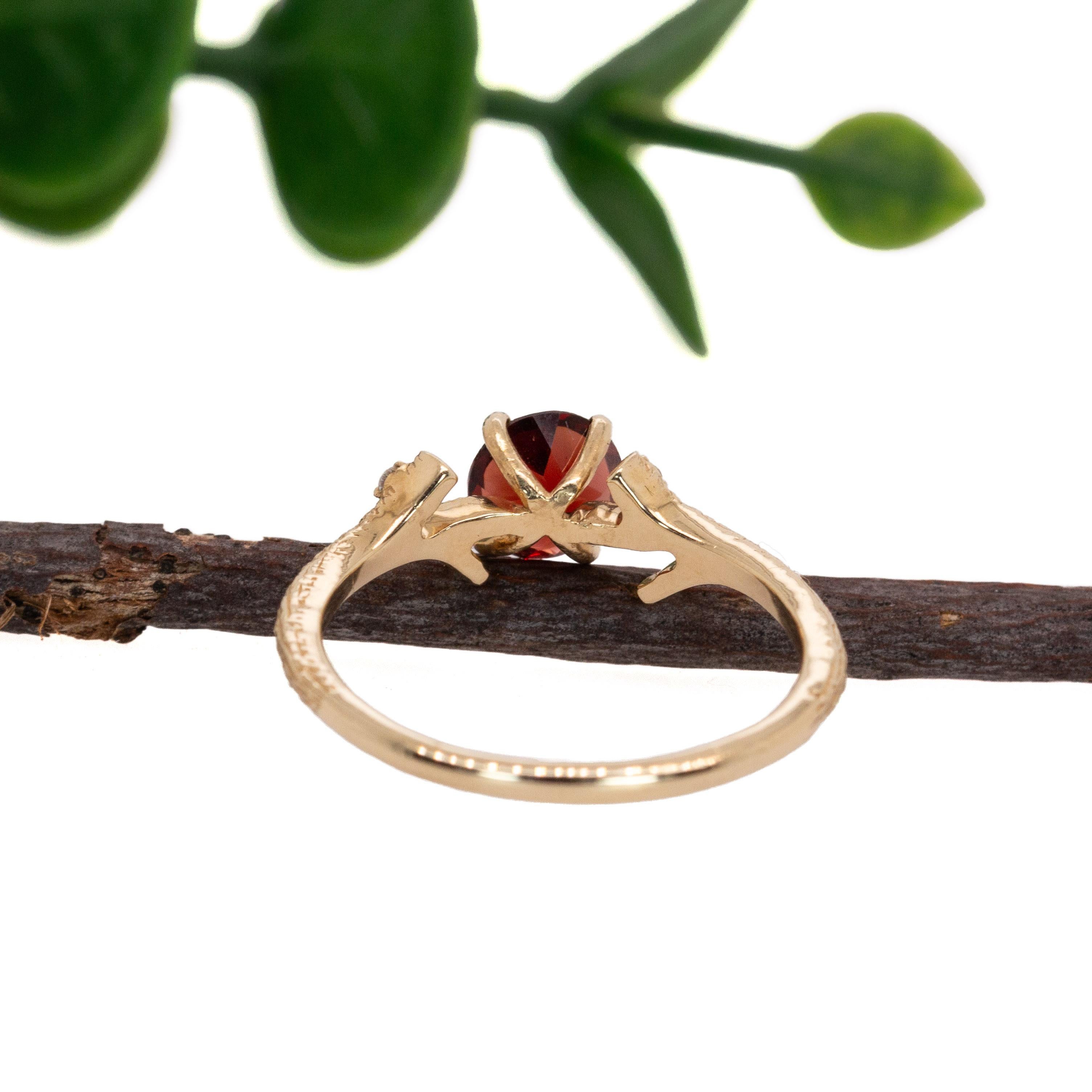 Garnet Ring w Earth Mined Diamonds in Solid 14K Yellow Gold Round 6mm For Sale 5