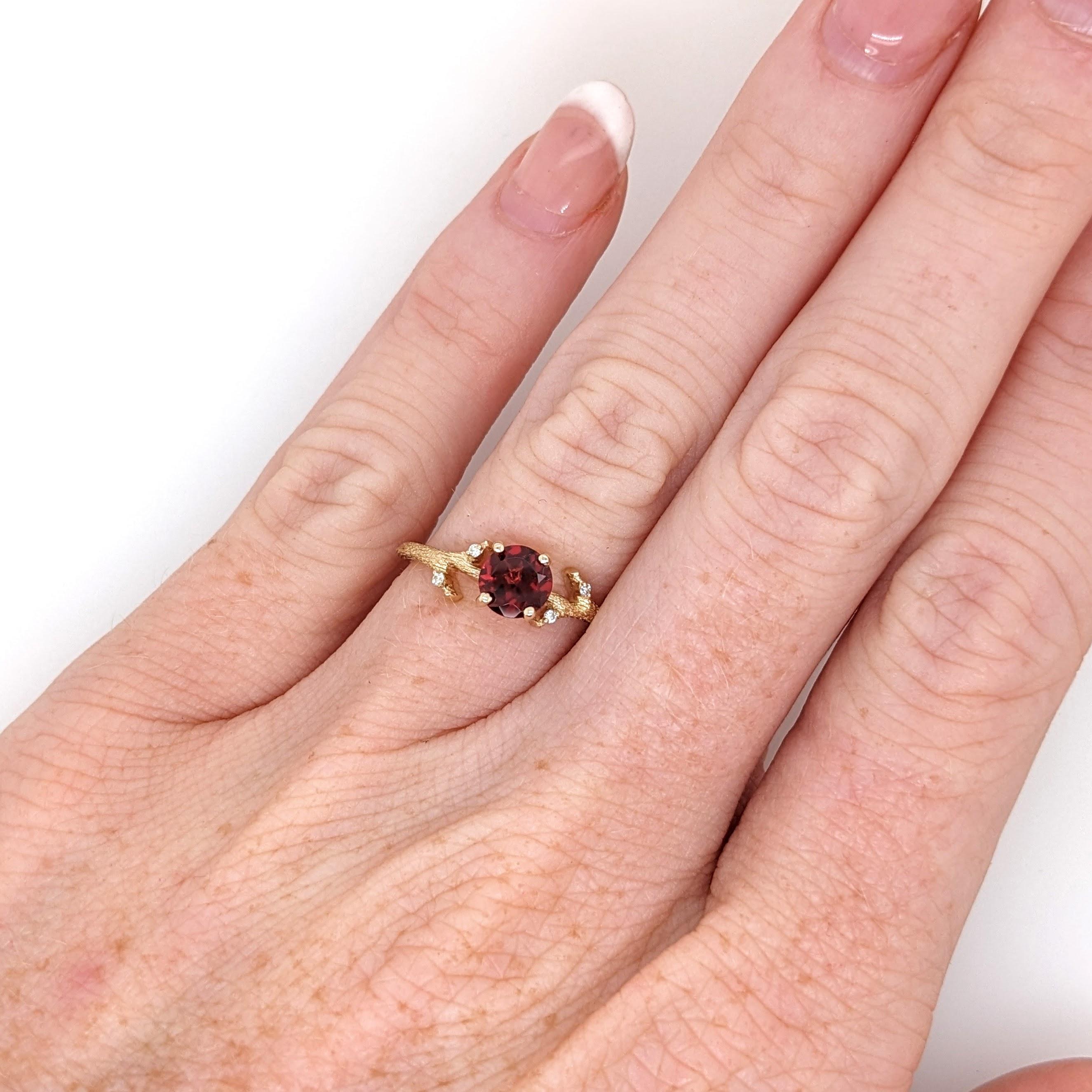 Modern Garnet Ring w Earth Mined Diamonds in Solid 14K Yellow Gold Round 6mm For Sale