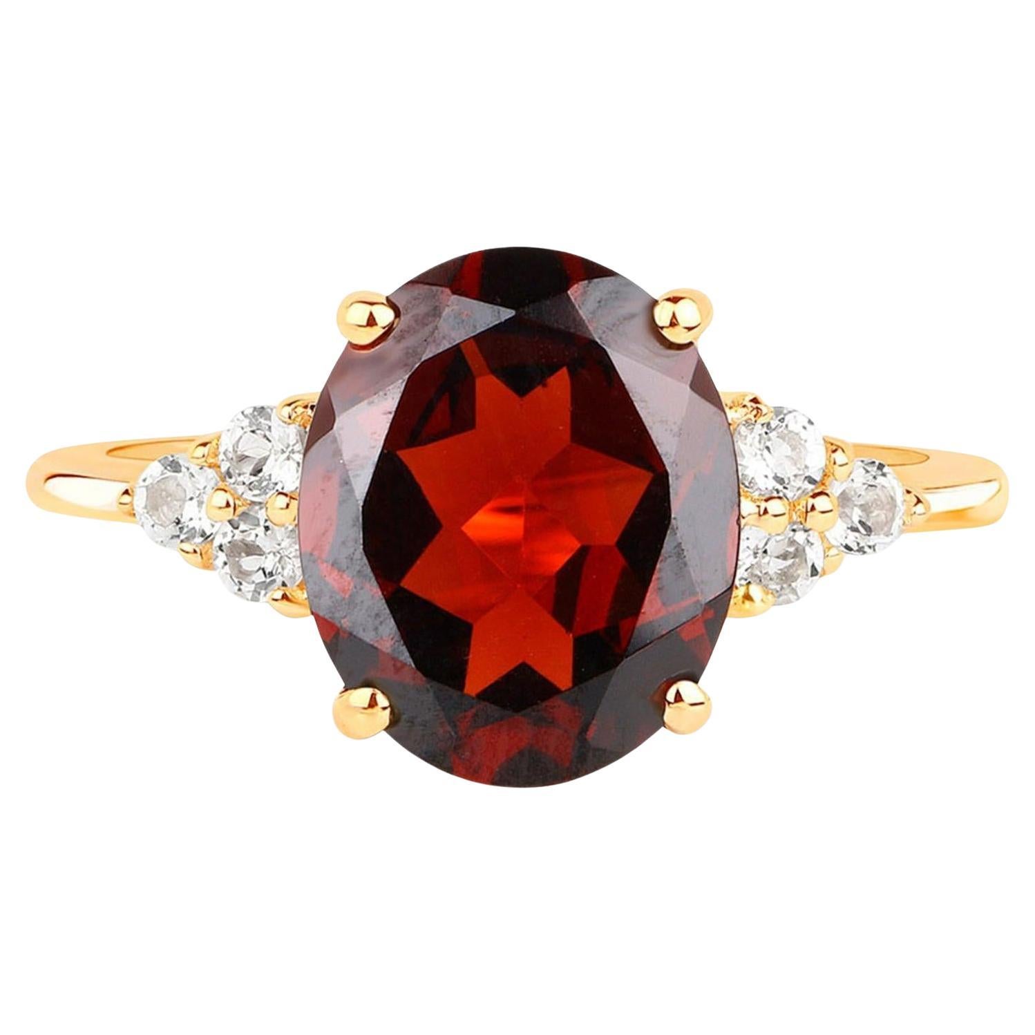 Garnet Ring White Topazes 4.12 Carats 14K Yellow Gold Plated Silver