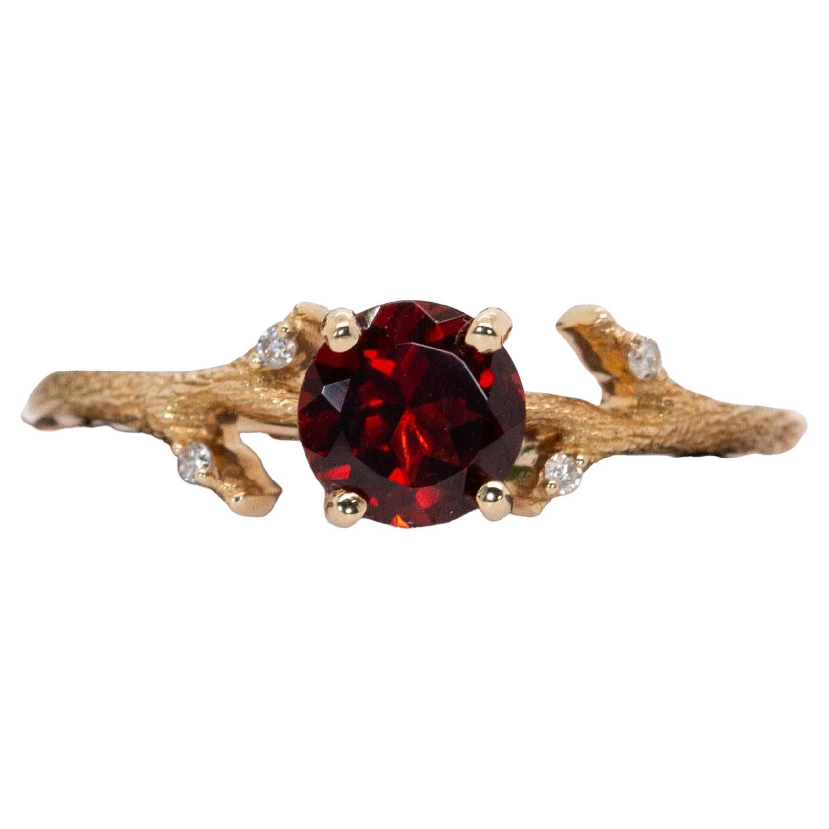 Garnet Ring with Earth Mined Diamonds: Solid 14K Gold, Round 6mm For Sale