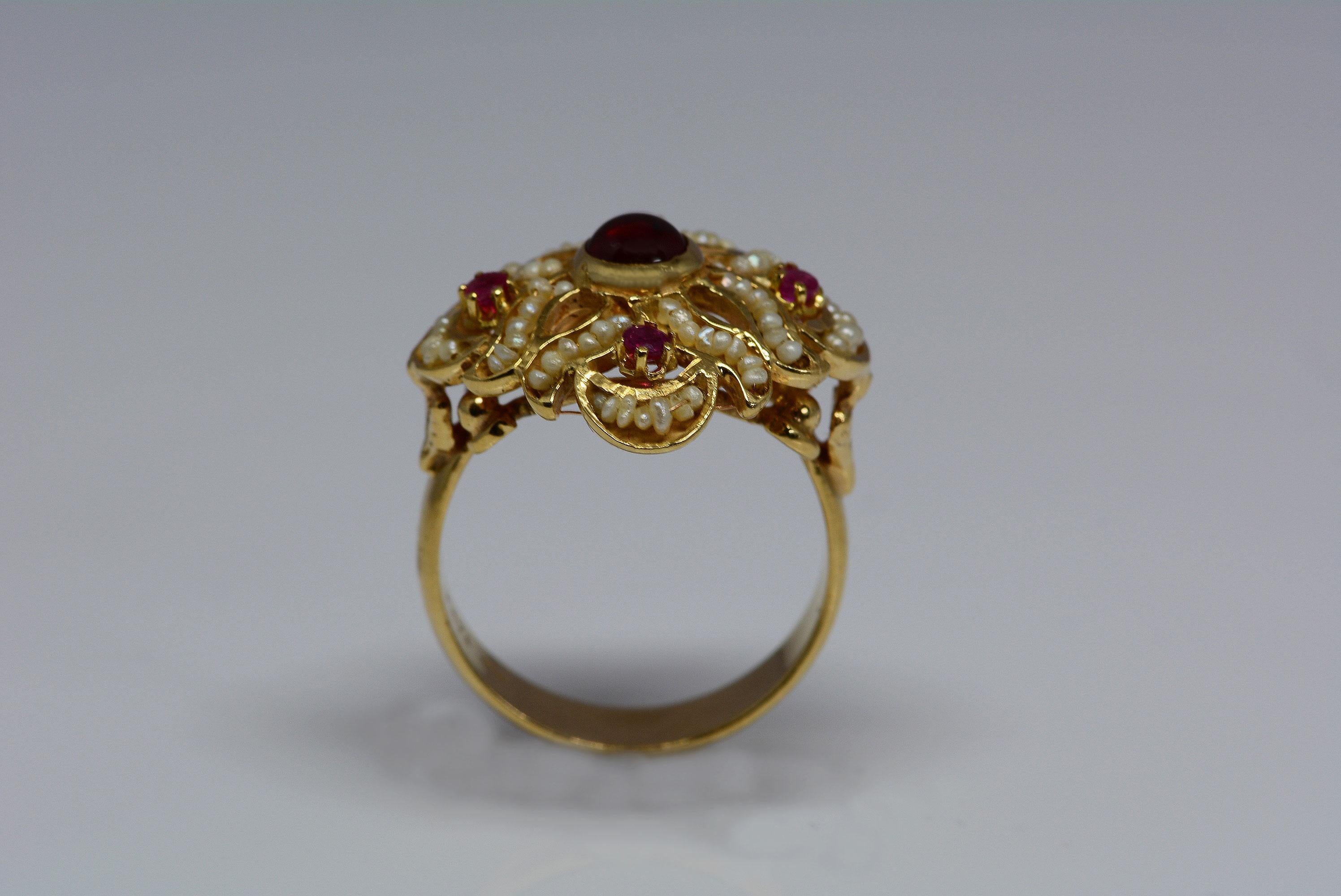 Revival Garnet, Ruby, and Seed Pearl Italian 14 Karat Gold Ring For Sale
