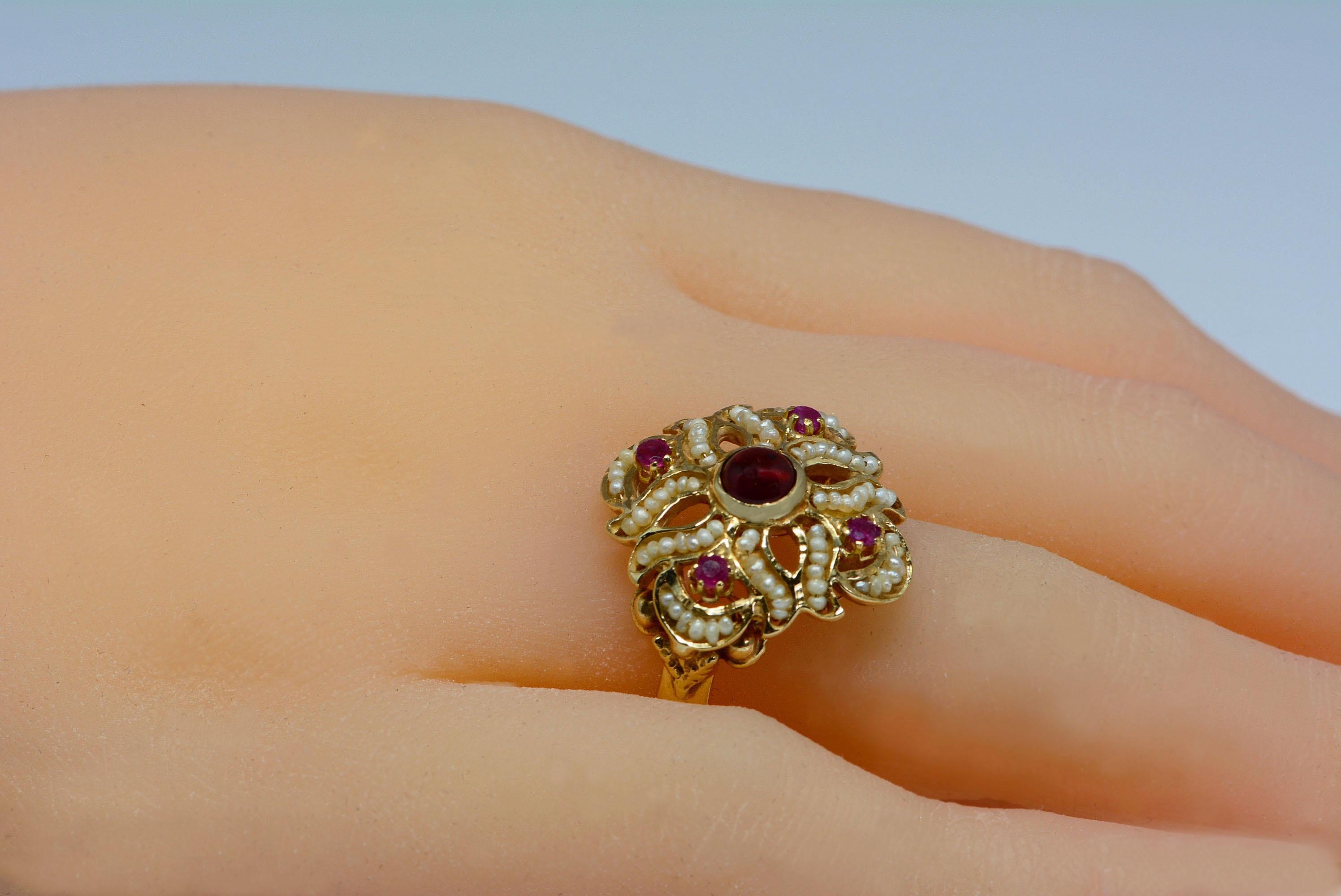 Cabochon Garnet, Ruby, and Seed Pearl Italian 14 Karat Gold Ring For Sale