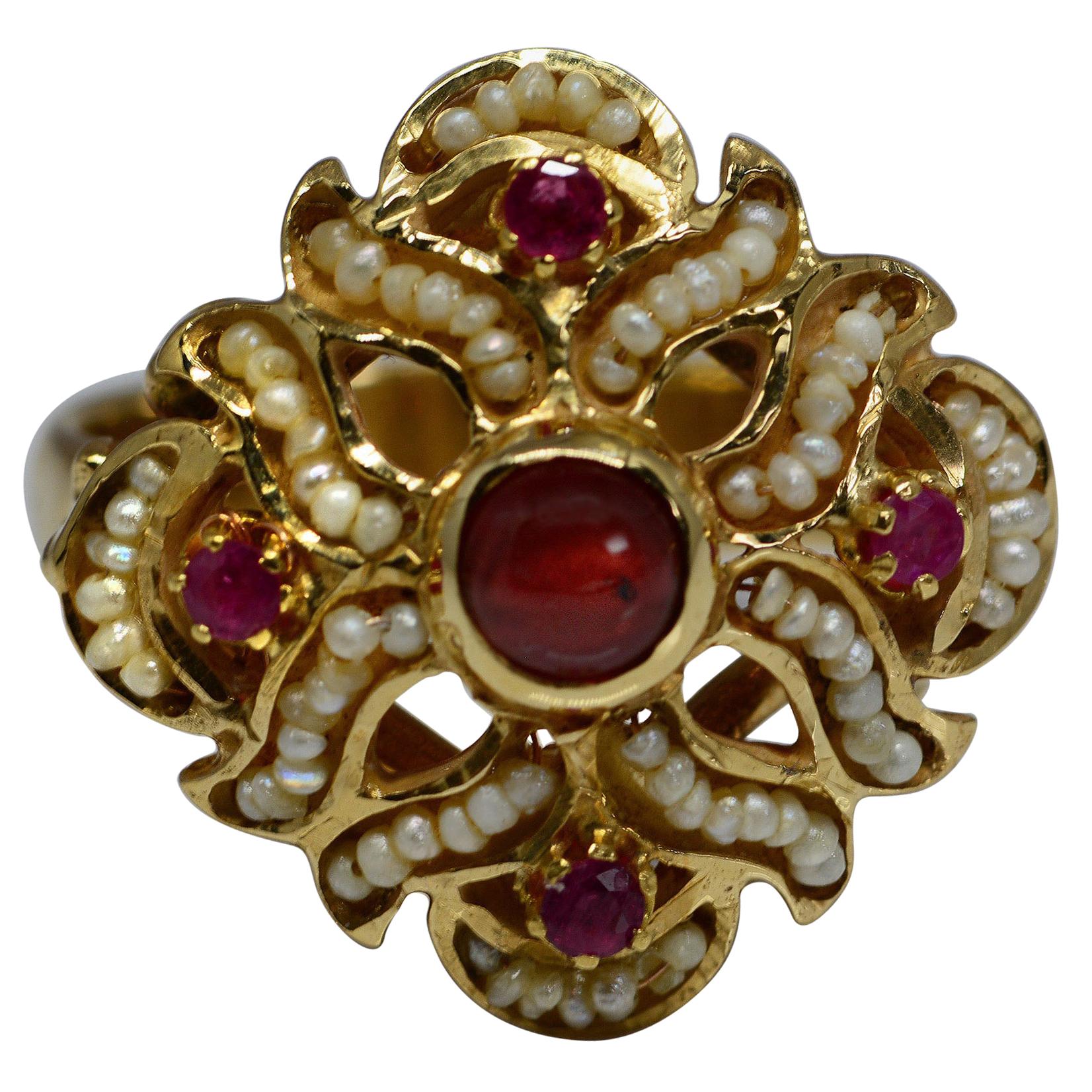 Garnet, Ruby, and Seed Pearl Italian 14 Karat Gold Ring For Sale