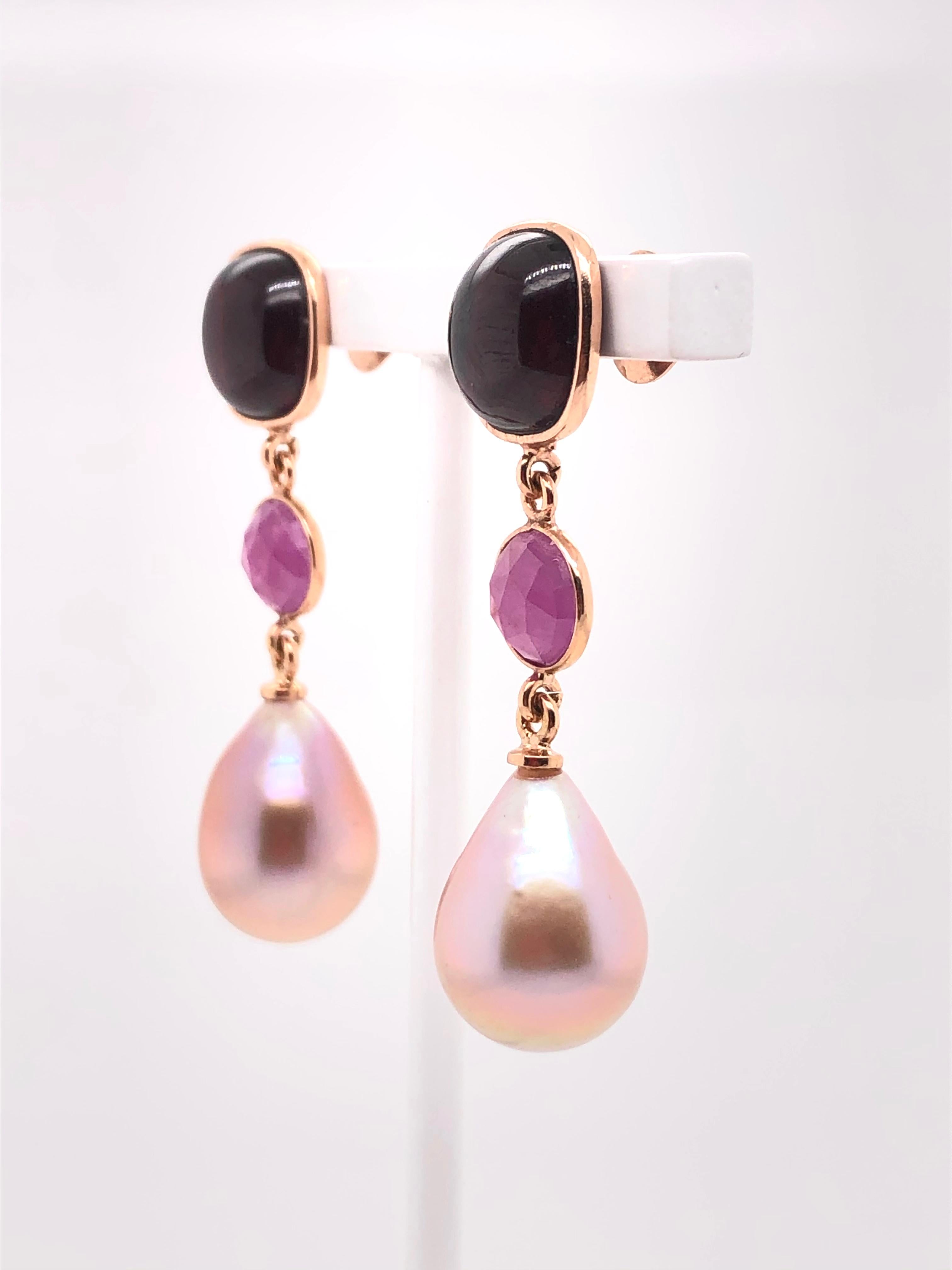 Contemporary Garnet Ruby with Pearls on Rose Gold 18 Karat Earrings