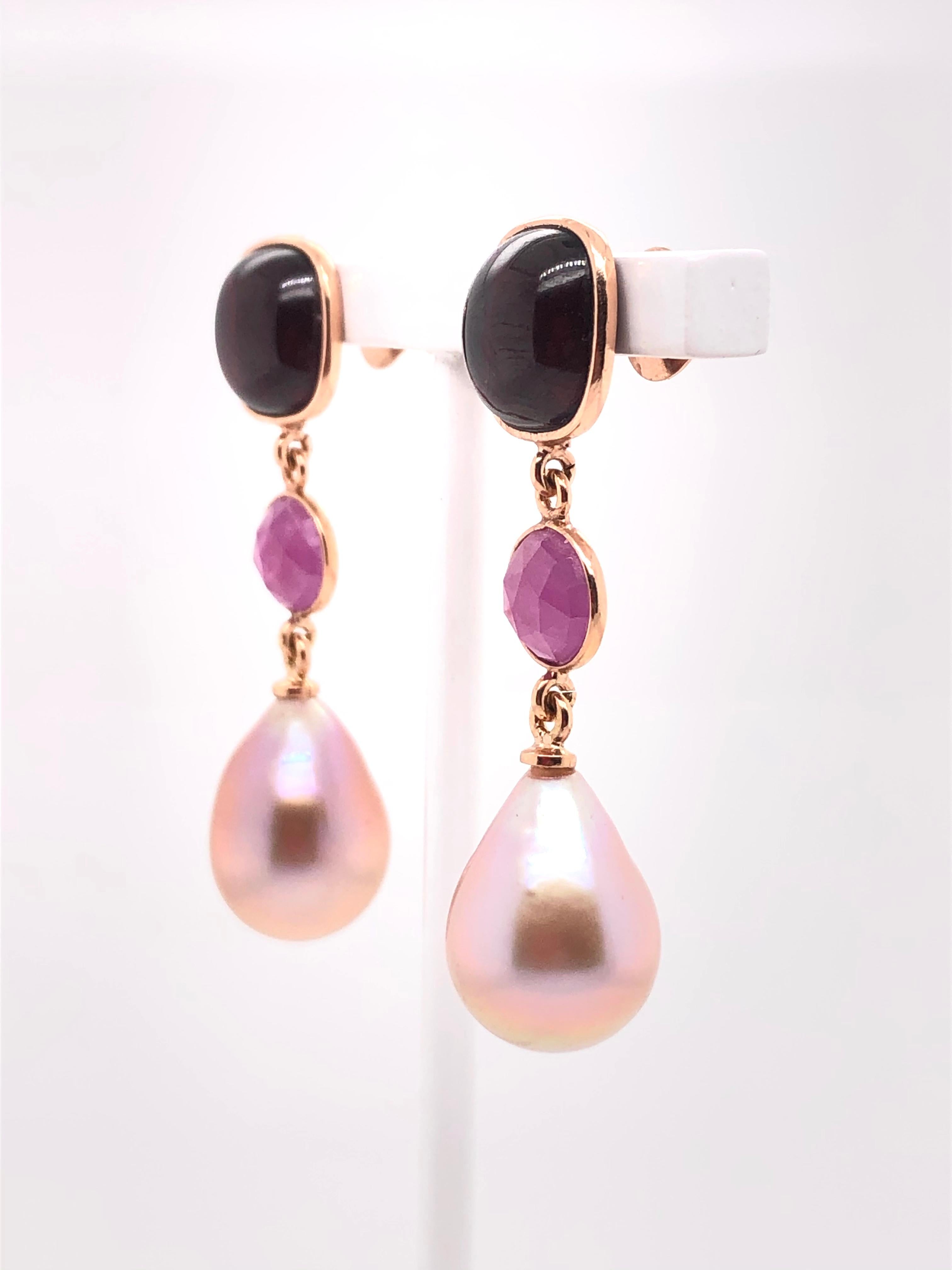 Rose Cut Garnet Ruby with Pearls on Rose Gold 18 Karat Earrings
