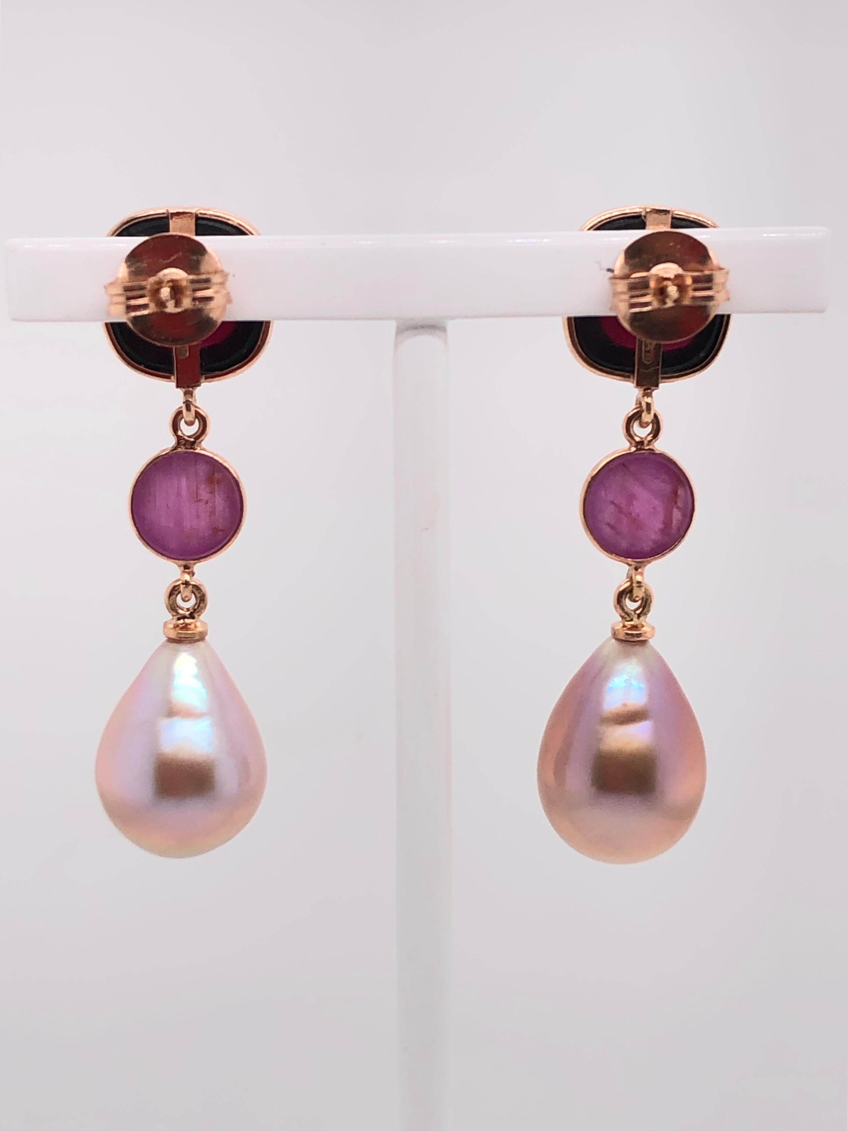 Garnet Ruby with Pearls on Rose Gold 18 Karat Earrings In New Condition In Vannes, FR