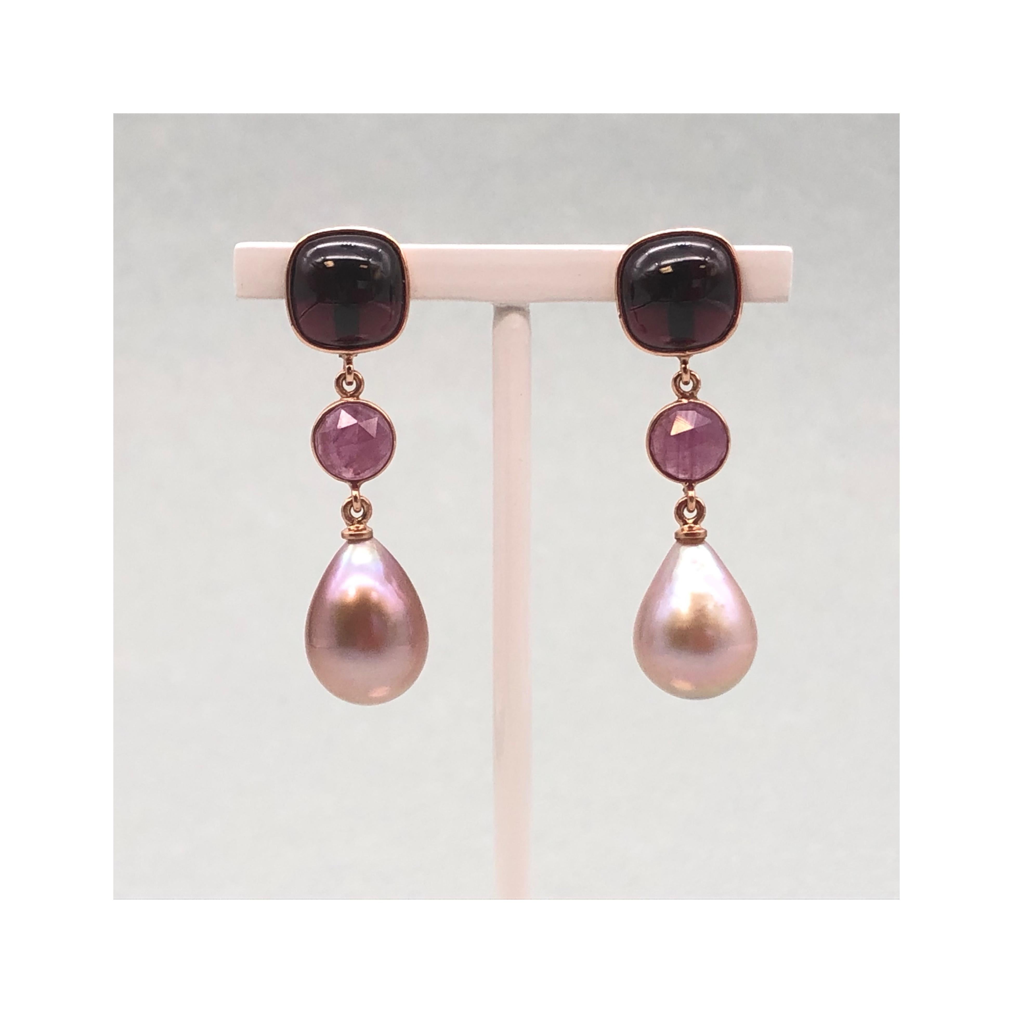 Women's Garnet Ruby with Pearls on Rose Gold 18 Karat Earrings